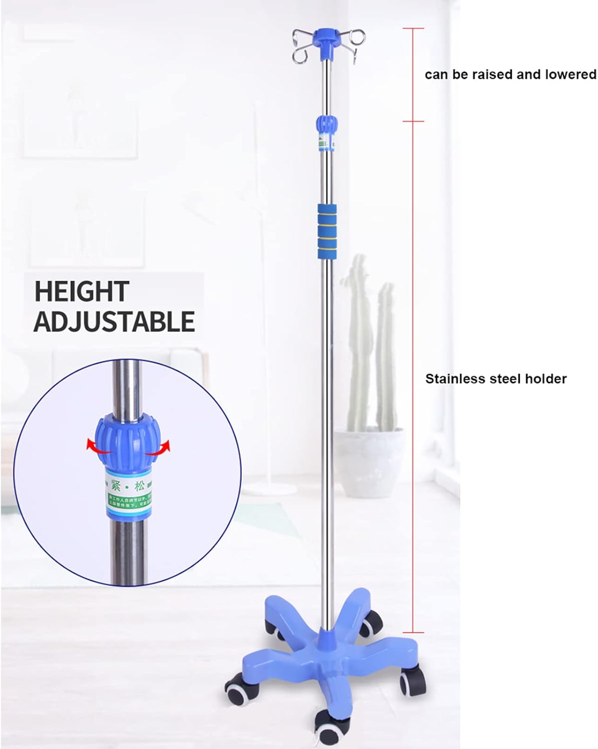 Adjustable Stainless Steel Infusion Stand, IV Drip Pole with 4 Hooks, Height Adjustable Medical Equipment for Hospital & Home Use
