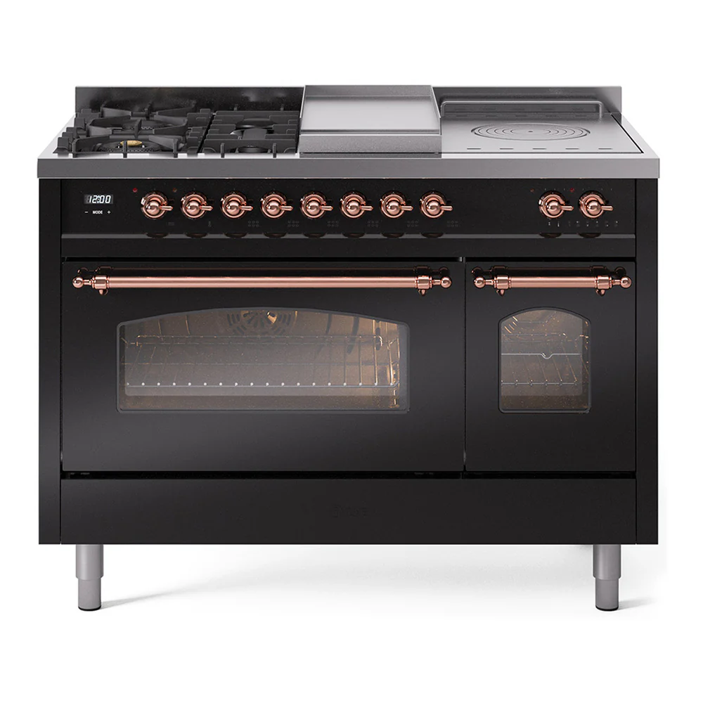 ILVE Nostalgie II 48-Inch Dual Fuel Range with 5 Burners, Griddle, & French Top with Triple Glass Door Oven in Glossy Black with Copper Trim (UP48FSNMPBKP)