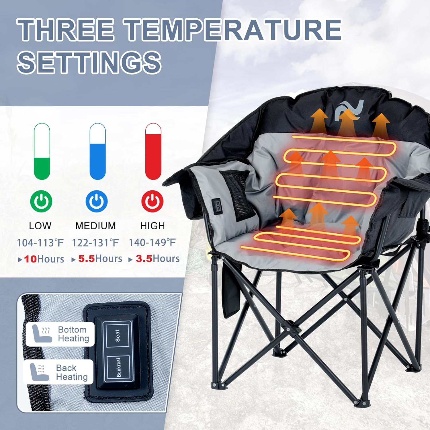 ABORON Oversized Heated Armrest Camping Chair, Portable Heated Folding Recliner Chair with 3 Heat Settings, Fully Padded Heavy Duty Chair Supports Up to 400 lbs, Perfect for Outdoor Adventures
