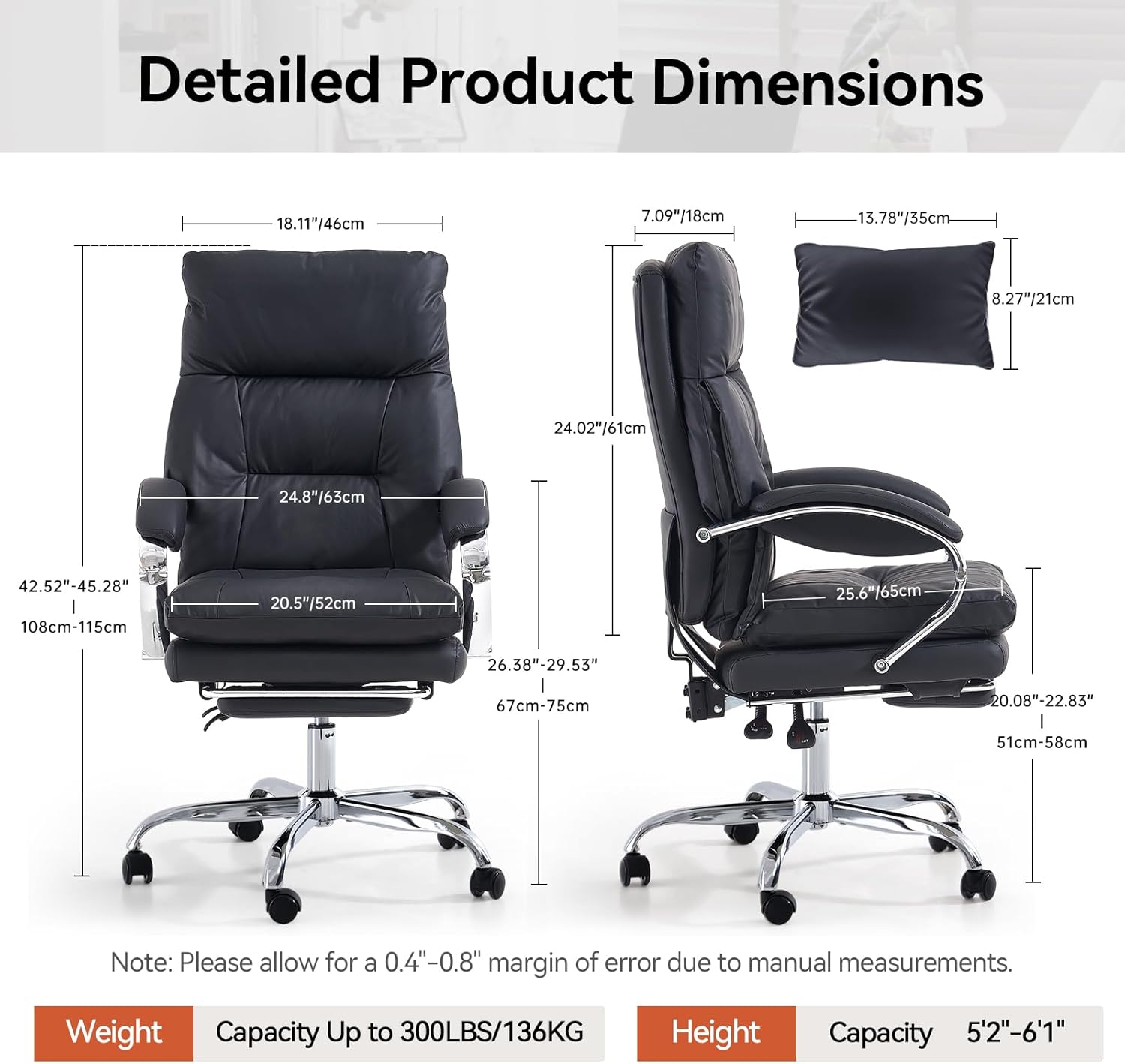 LEAGOO Office Chair with Foot Rest, Executive Reclining Office Chairs with Arms, Ergonomic High Back PU Leather Comfy Swivel Computer Desk Chairs with Wheels and Lumbar Support for Home Office, Black