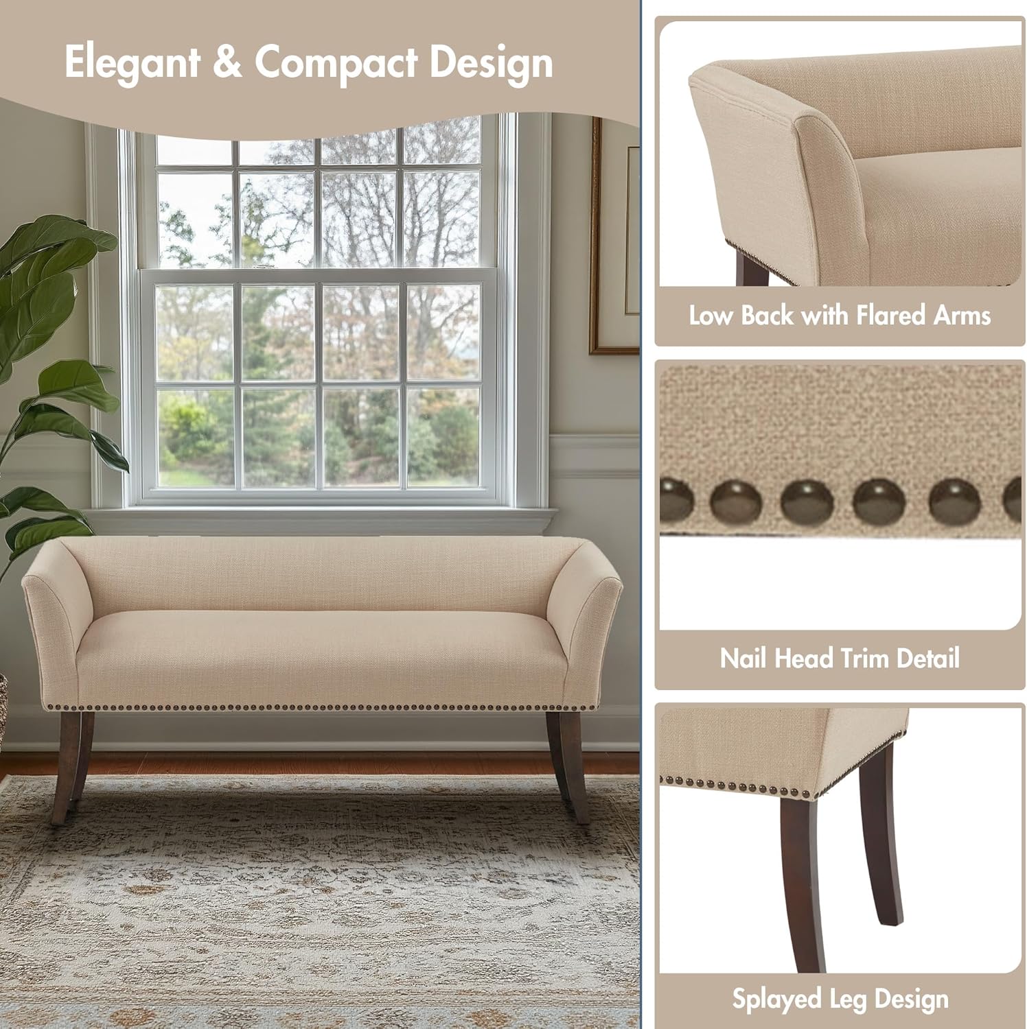 Madison Park Accent Bench, Upholstered with Nailhead Trim, & Padded Seat Entryway Bench Small, End of Bed Bench with Back, 49.5