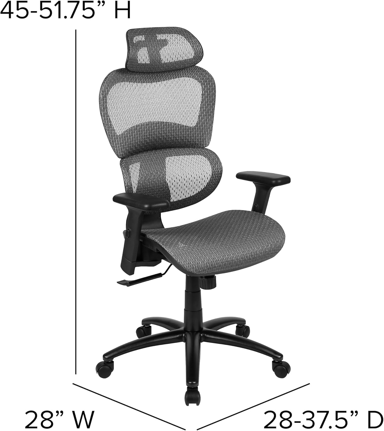 Flash Furniture LO Ergonomic Mesh Office Chair with 2-to-1 Synchro-Tilt, Adjustable Headrest, Lumbar Support, and Adjustable Pivot Arms in Gray