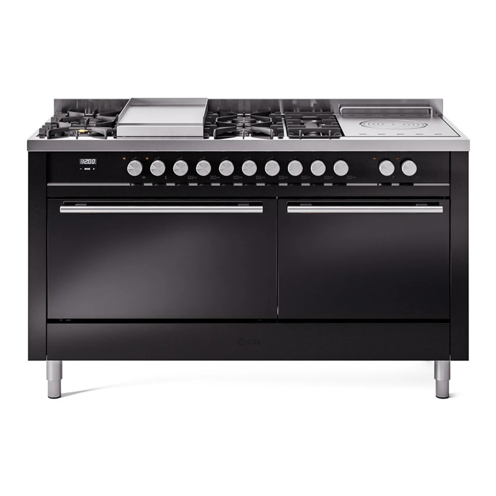 ILVE Professional Plus II 60-Inch Dual Fuel Range with 7 Burners, Griddle, & French Top with Solid Door Oven in Glossy Black (UP60FSQMPBK)