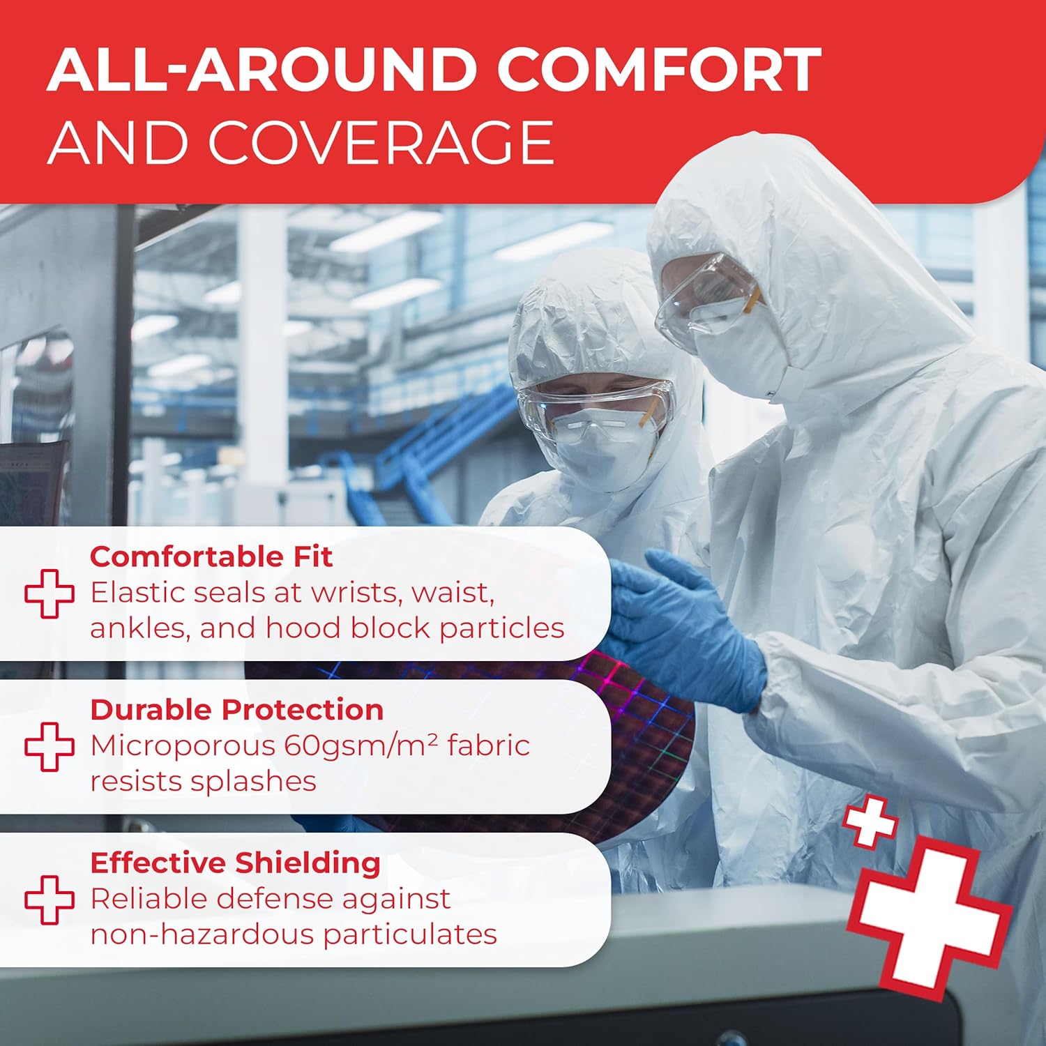 Disposable Microporous Coated Coverall Suit – Elastic Wrists, Ankles, Waist & Hood – Breathable, Splash-Resistant, Ideal for Painting, Cleaning & Industrial Use – 10-Pack, Large Size