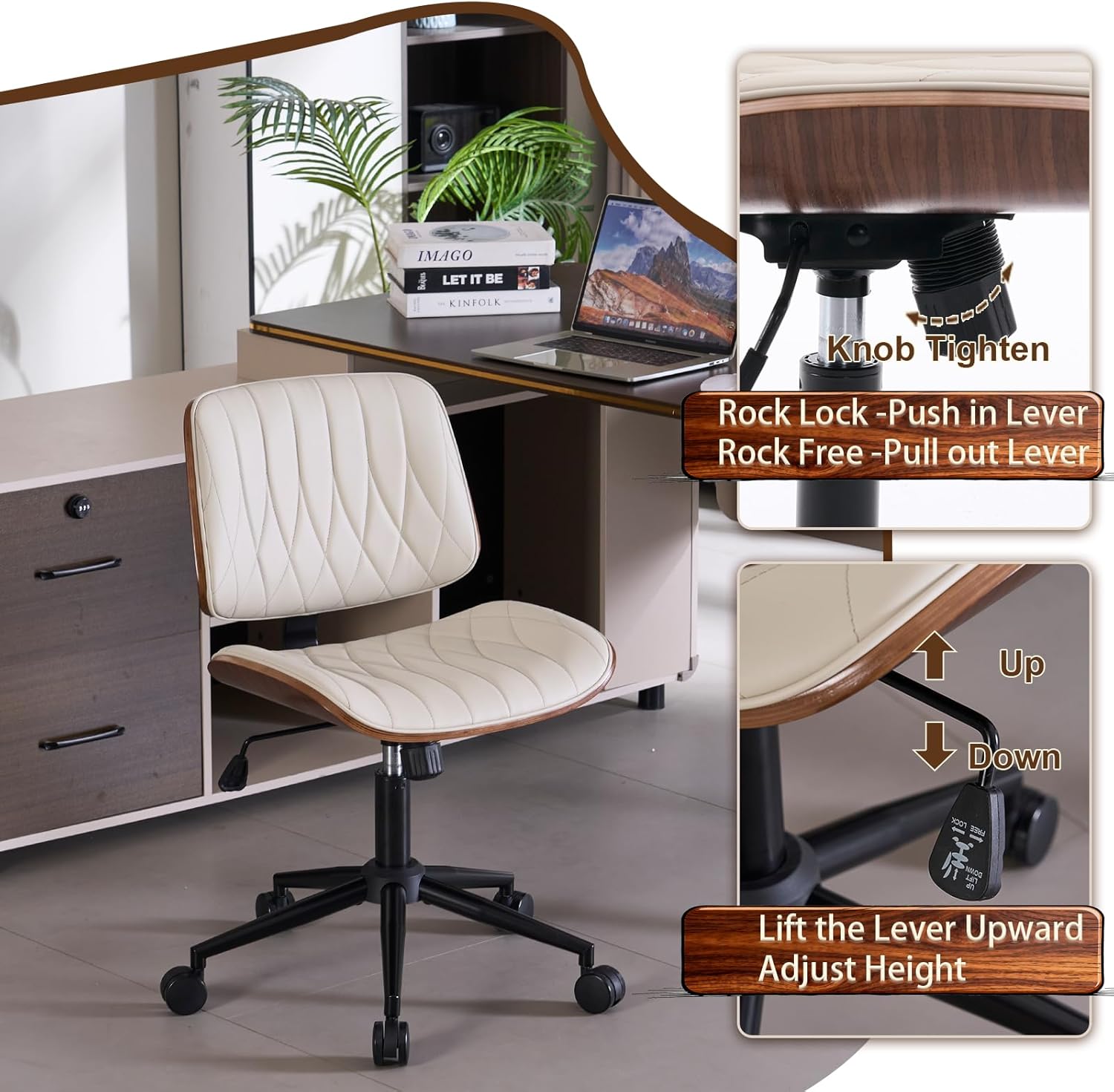 Armless Desk Chair, Mid-Century Modern Office Chair no Arms, Vanity Chair, PU Leather Computer Task Chairs for Home Small Space, Quilted Upholstery Bentwood Frame, Swivel with Wheels, Cream