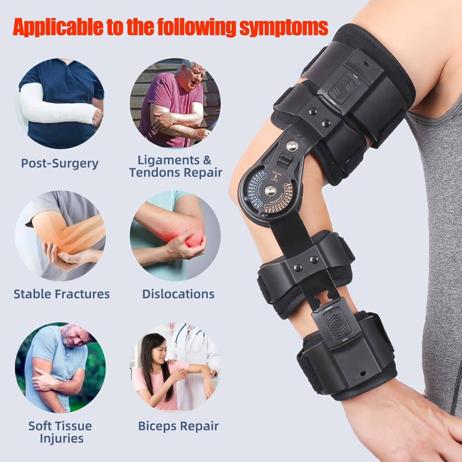 Hinged Adjustable Elbow Brace Post Surgical Rom Elbow Brace Arm Injury Post Surgery with Sling Stabiliser Splint (Color : Right arm)