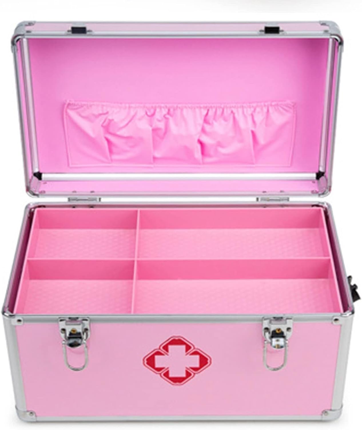 Pink Portable First Aid Medicine Box with Lock, Double-Layer Aluminum Storage Chest for Home, Office, Travel Use(14 Inch)
