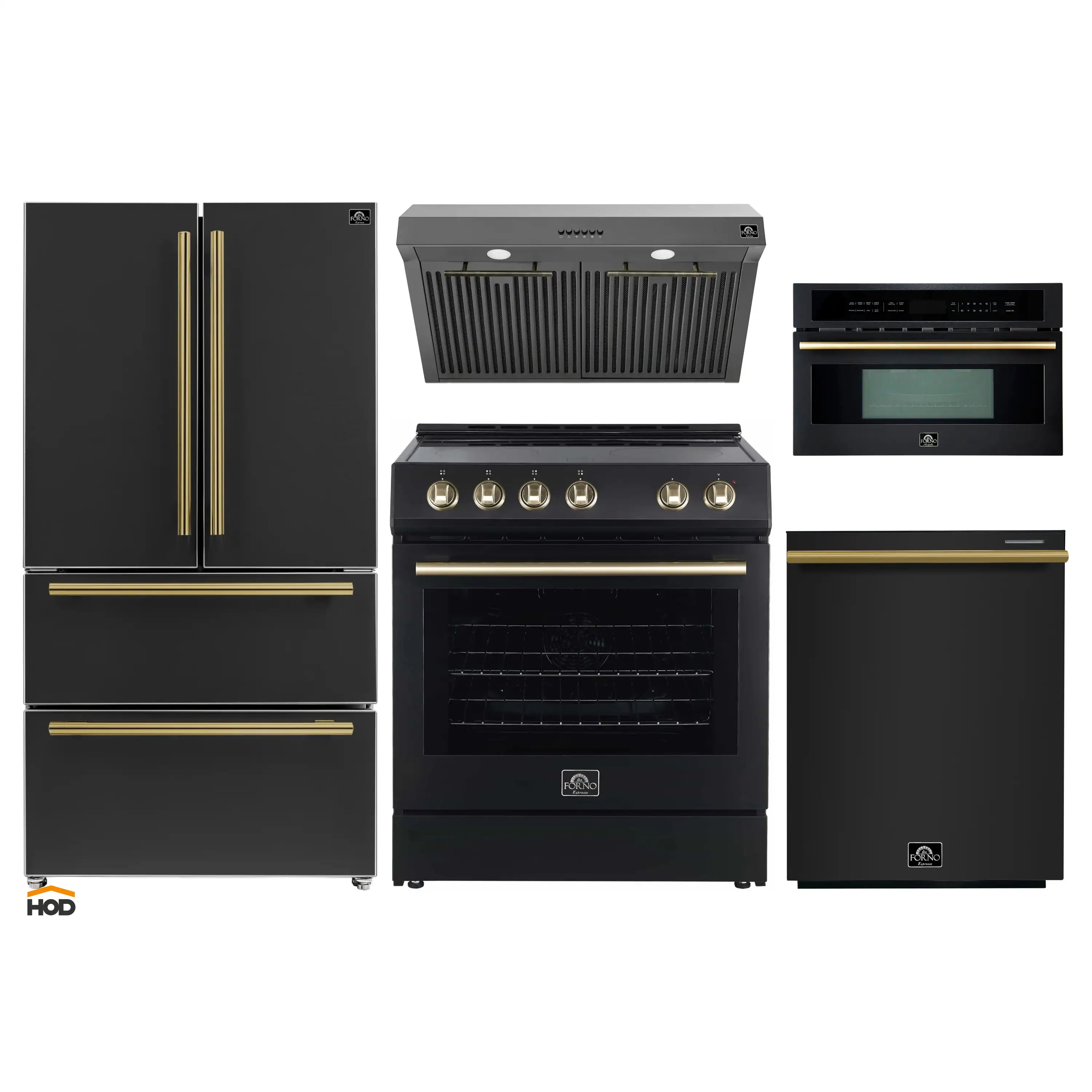 Forno 5-Piece Appliance Package - 30-Inch Electric Range, Under Cabinet Range Hood, Refrigerator, Dishwasher, and  30-Inch Microwave Oven in Black with Antique Brass Trim