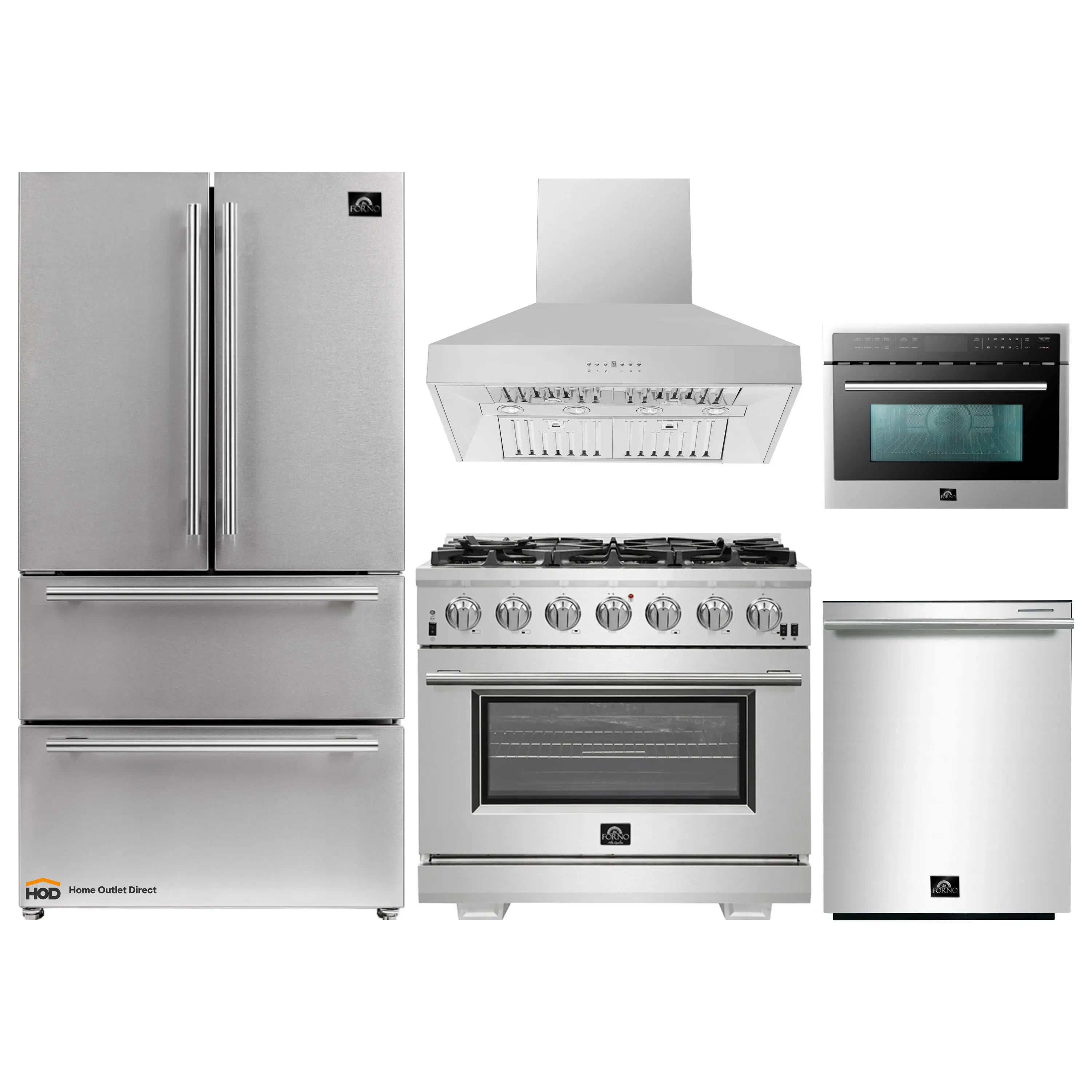 Forno 5-Piece Pro Appliance Package - 36-Inch Gas Range, Refrigerator, Wall Mount Hood, 24-Inch Microwave Oven, & 3-Rack Dishwasher in Stainless Steel