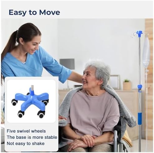 IV Pole with Wheels, Adjustable Height IV Stand, 5-Leg Rolling Bases, 4 Hooks, Stainless Steel, Medical Equipment for Home & Hospital Use