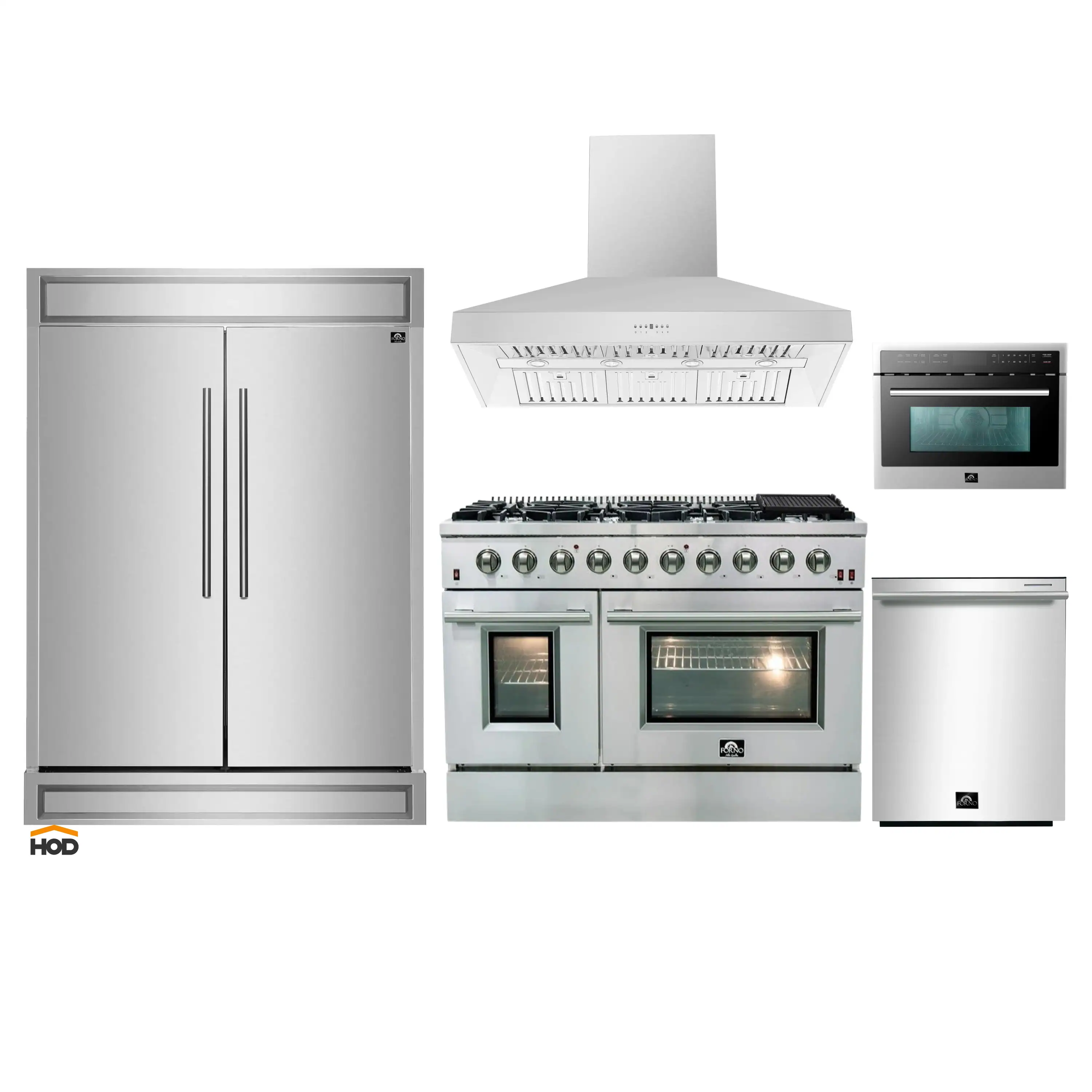 Forno 5-Piece Appliance Package - 48-Inch Gas Range, Refrigerator, Wall Mount Hood, 24-Inch Microwave Oven, & 3-Rack Dishwasher in Stainless Steel