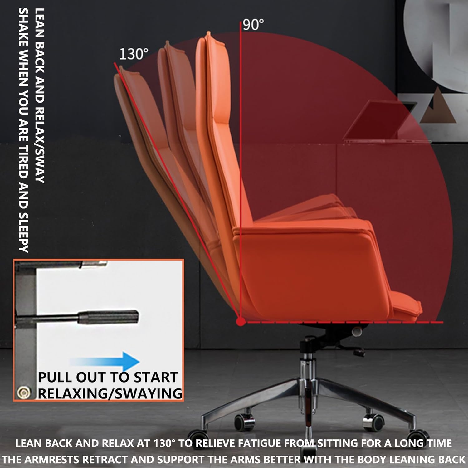 High Back Office Chair with Adjustable Height and Reclining Feature for Ultimate Comfort and Support Ergonomic PU Leather Desk Chair with Headrest and Armrests Ideal fo(Orange-One Size