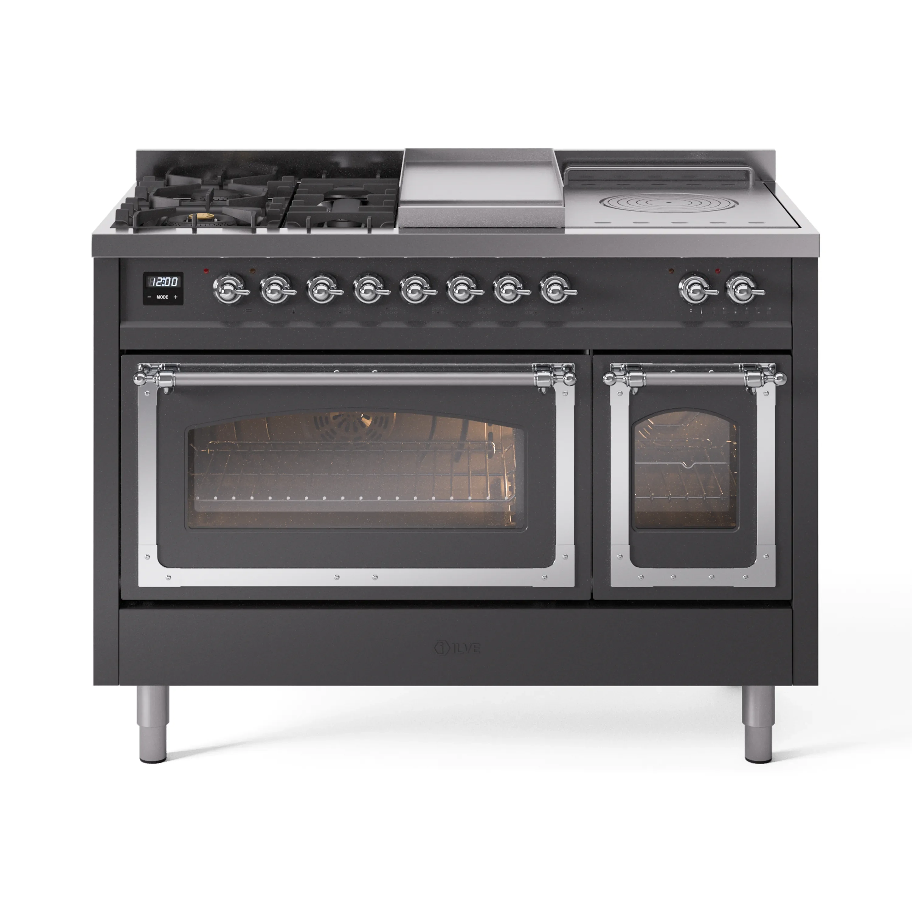 ILVE 48-Inch Nostalgie II Noblesse Dual Fuel Range with 5 Sealed Burners, Griddle, French Top and Triple Glass Door Oven in Matte Graphite with Chrome Trim (UN48FSNMPMGC)