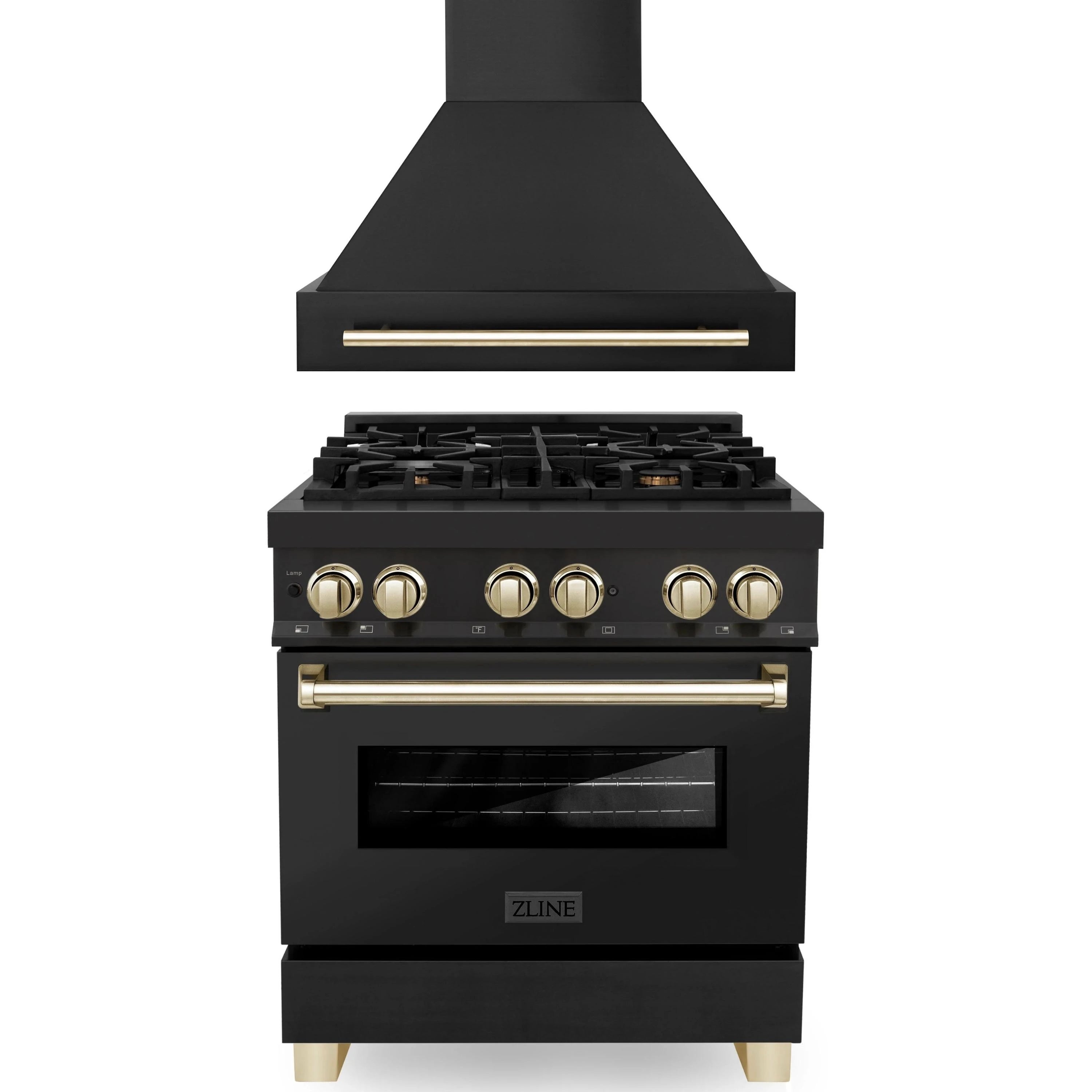 ZLINE Autograph Edition 2-Piece Appliance Package - 30-Inch Dual Fuel Range & Wall Mounted Range Hood in Black Stainless Steel with Gold Trim (2AKP-RABRH30-G)