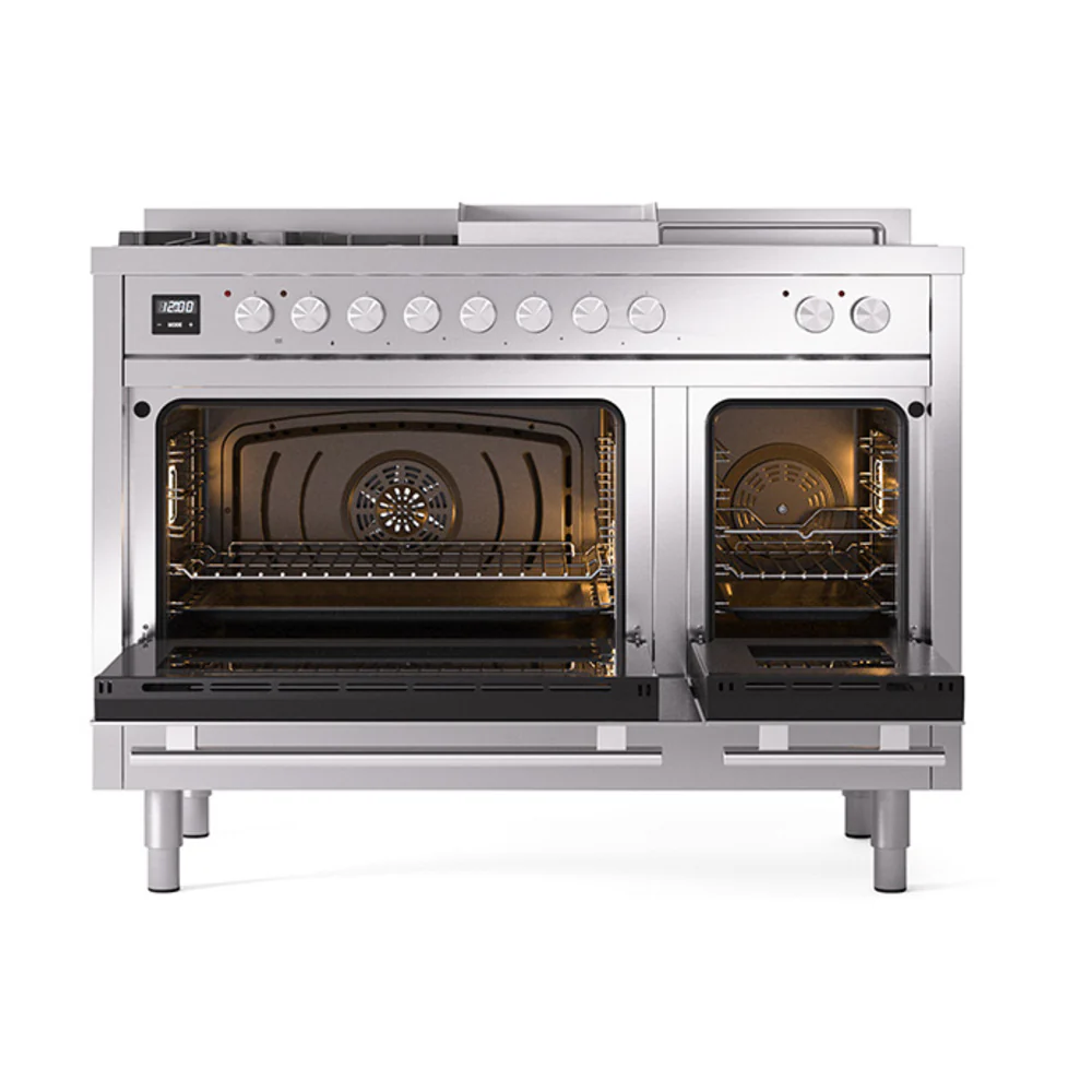 ILVE Professional Plus II 48-inch Dual Fuel Range with 5 Burners, Griddle, & French Top with Solid Door Oven in Stainless Steel (UP48FSQMPSS)