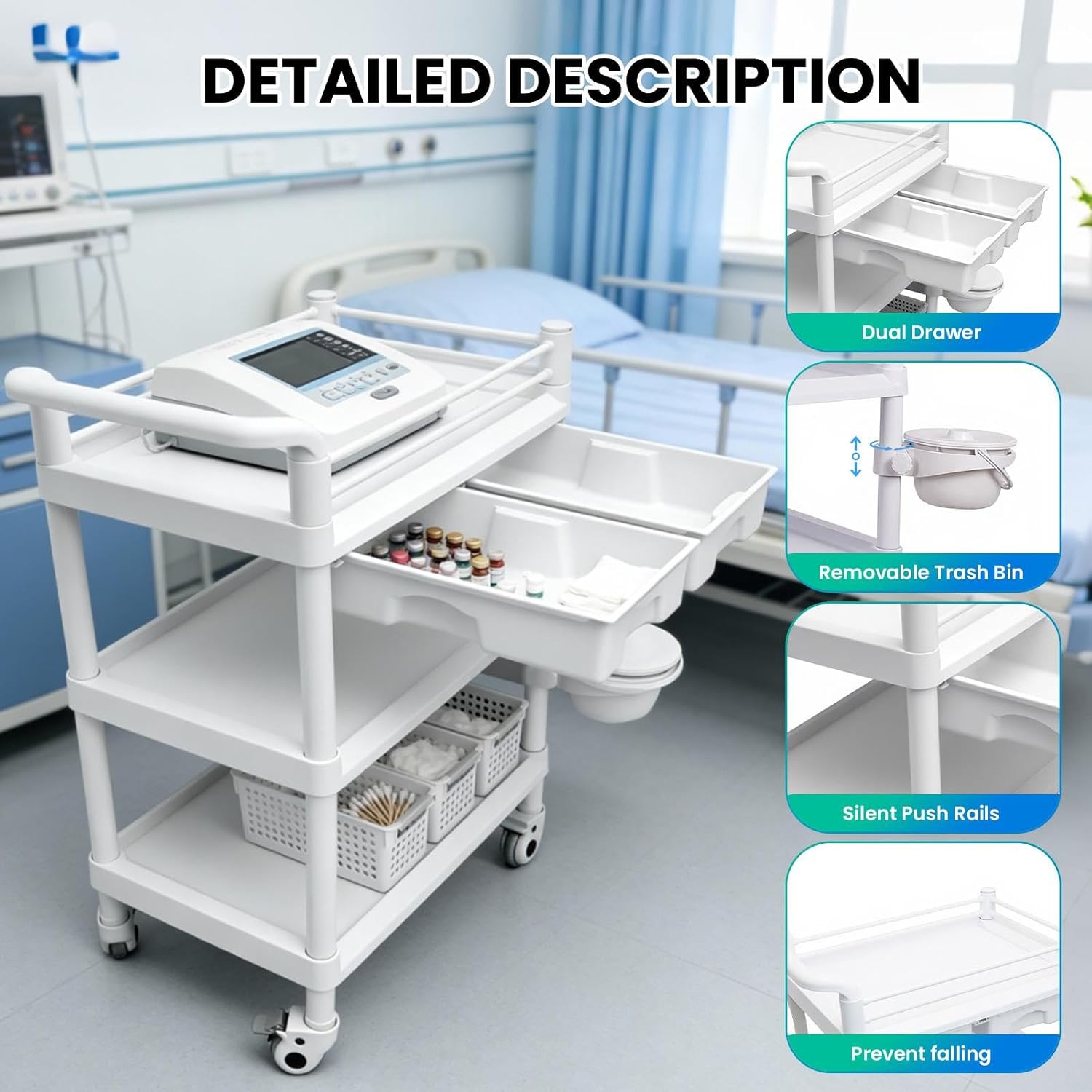 38.35 x 24.80 x 17.32 Medical Utility Cart, 3-Tier Medical Mobile Cart with 3 Trash Cans, Medical Trolley Cart with 2 Drawers, Mobile Medical Cart Suitable for Home, Barber Shop, Hospital.