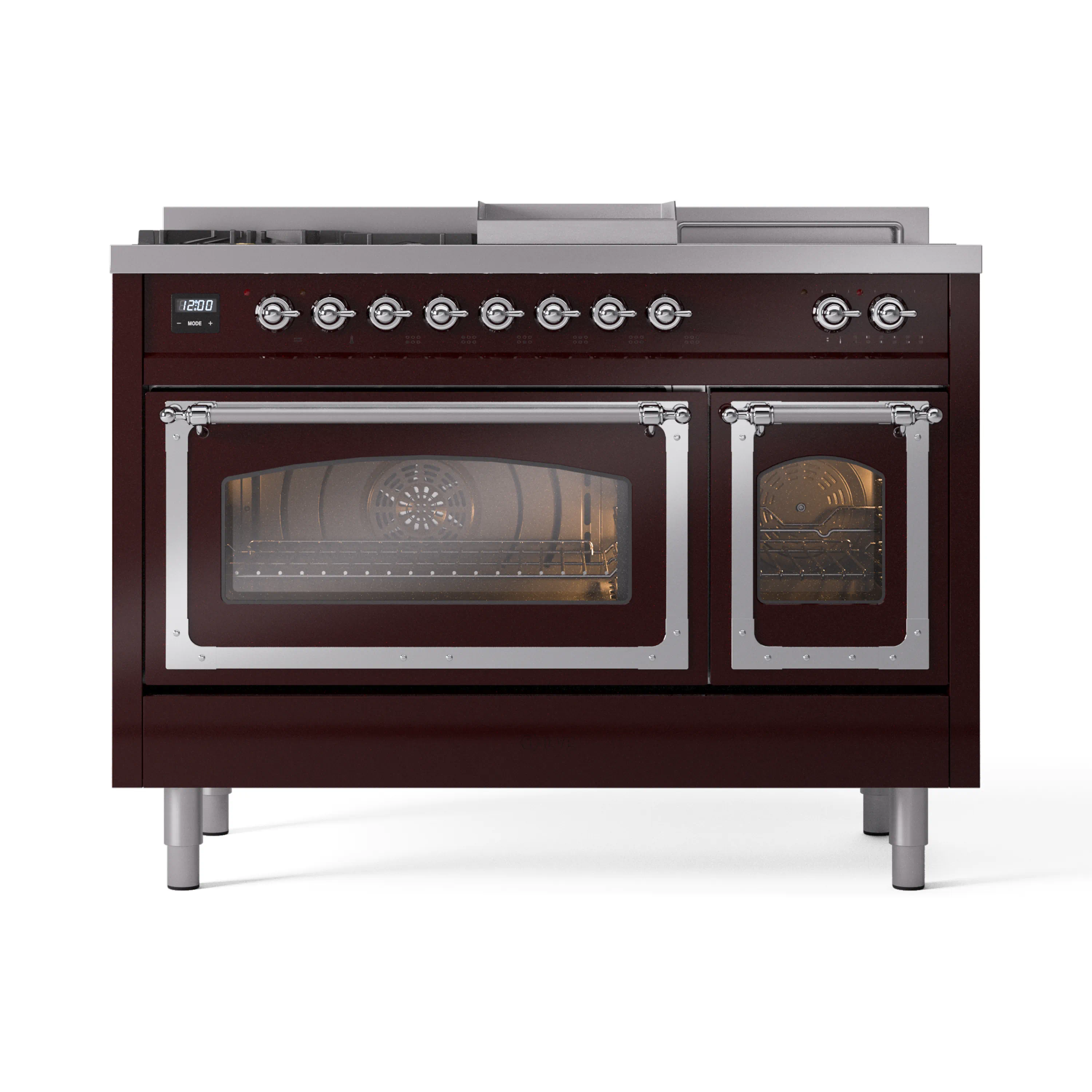 ILVE Nostalgie II Noblesse 48-Inch Dual Fuel Range with 5 Burners, Griddle, & French Top with Triple Glass Door Oven in Burgundy with Chrome Trim (UN48FSNMPBUC)