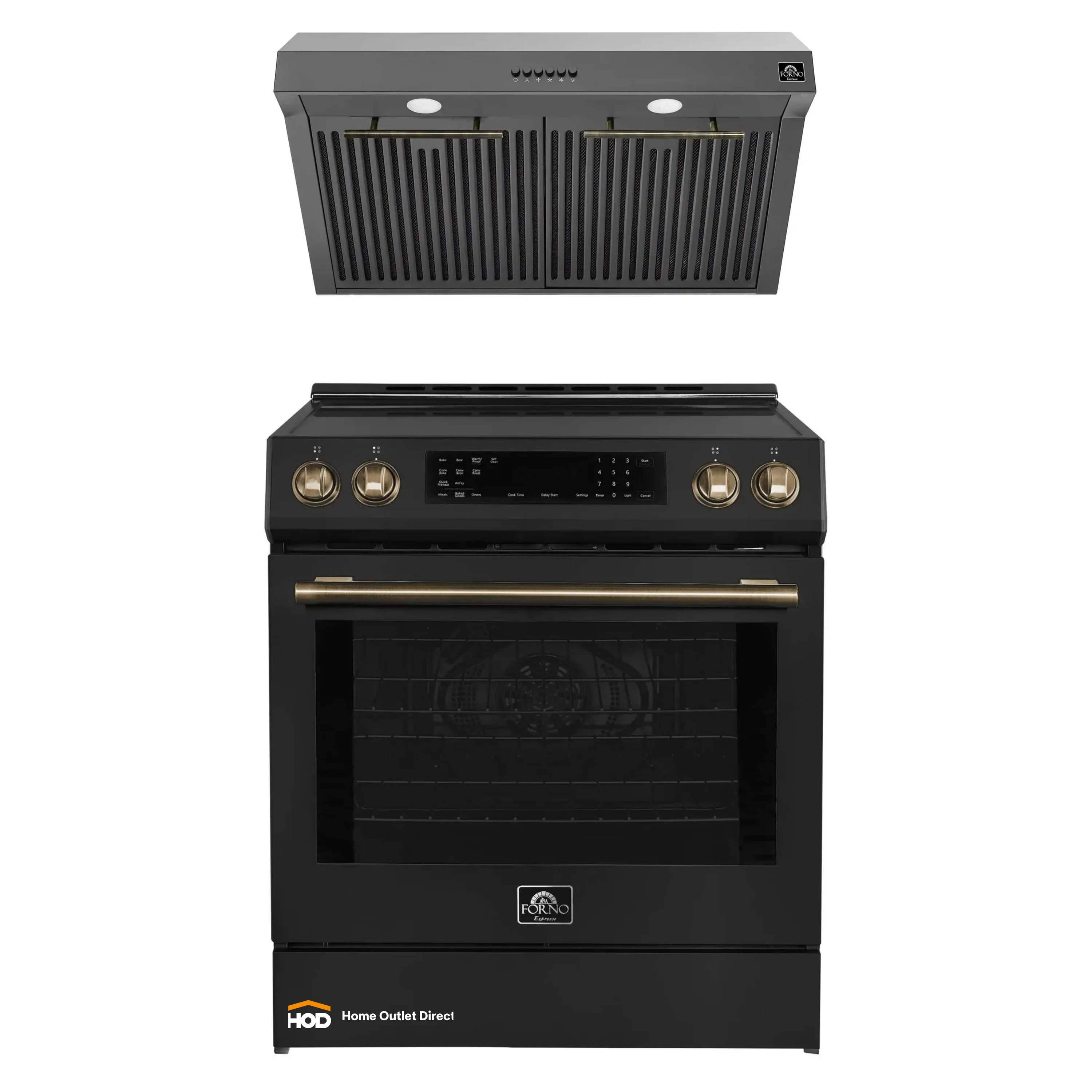 Forno Espresso 2-Piece Appliance Package - 30-Inch Induction Range and Under Cabinet Range Hood in Black with Antique Brass Trim