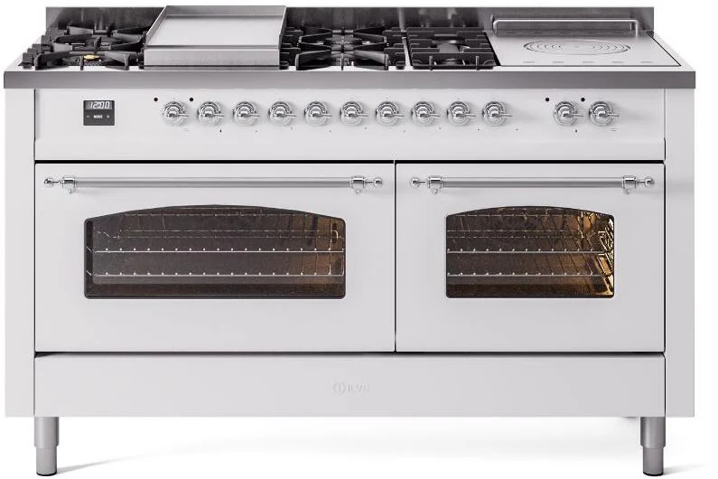 ILVE Nostalgie II 60-Inch Dual Fuel Range with 7 Burners, Griddle, & French Top with Triple Glass Door Oven in White with Chrome Trim (UP60FSNMPWHC)