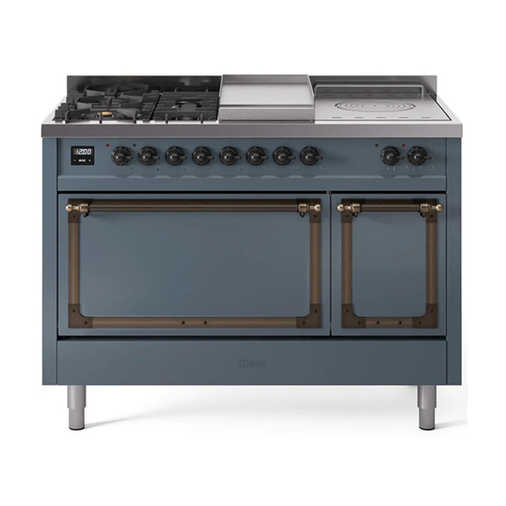 ILVE 48-Inch Nostalgie II Noblesse Dual Fuel Range with 5 Sealed Burners, Griddle, French Top and Solid Door Oven in Blue Grey with Bronze Trim (UN48FSQNMPBGB)