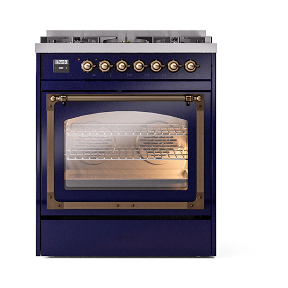 ILVE Nostalgie II Noblesse 30-Inch Dual Fuel Range with Triple Glass Door in Midnight Blue with Bronze Trim (UN30NMPMBB)