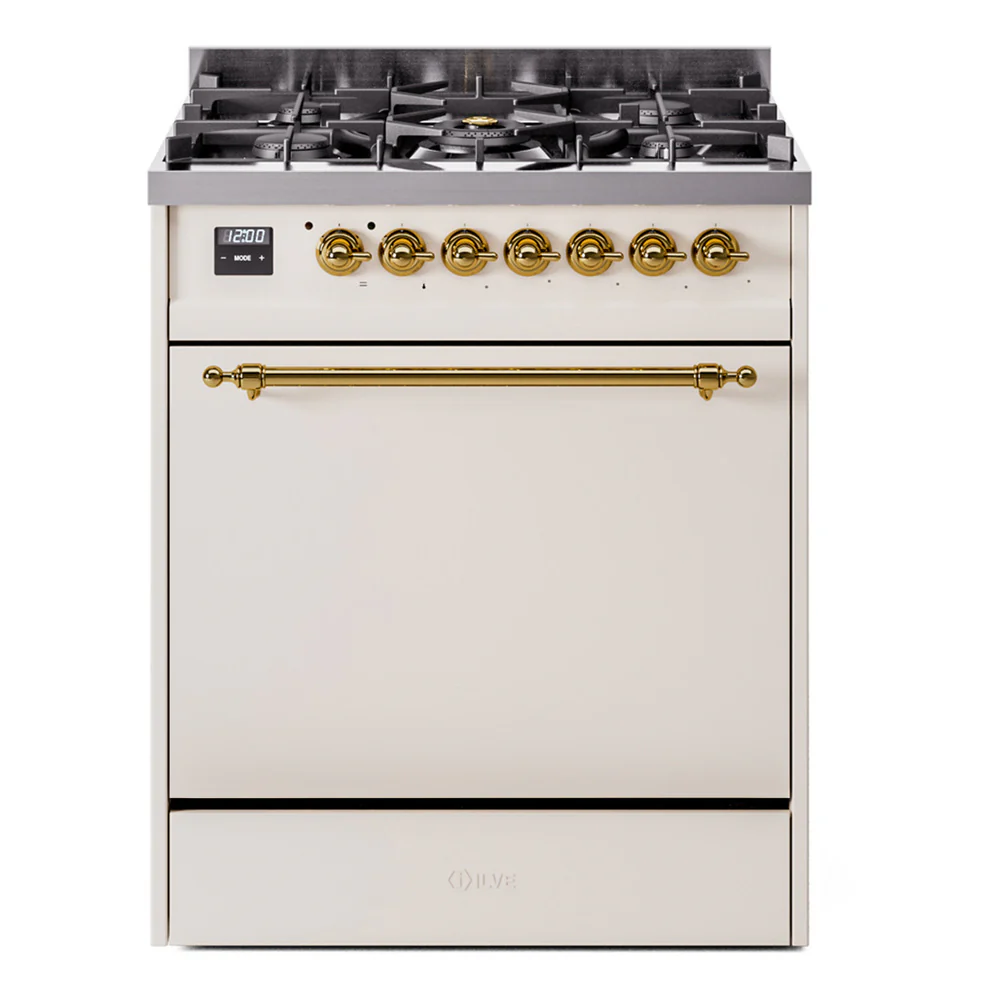 ILVE Nostalgie II 30-Inch Dual Fuel Range with Solid Door in Antique White with Brass Trim (UP30QNMPAWG)