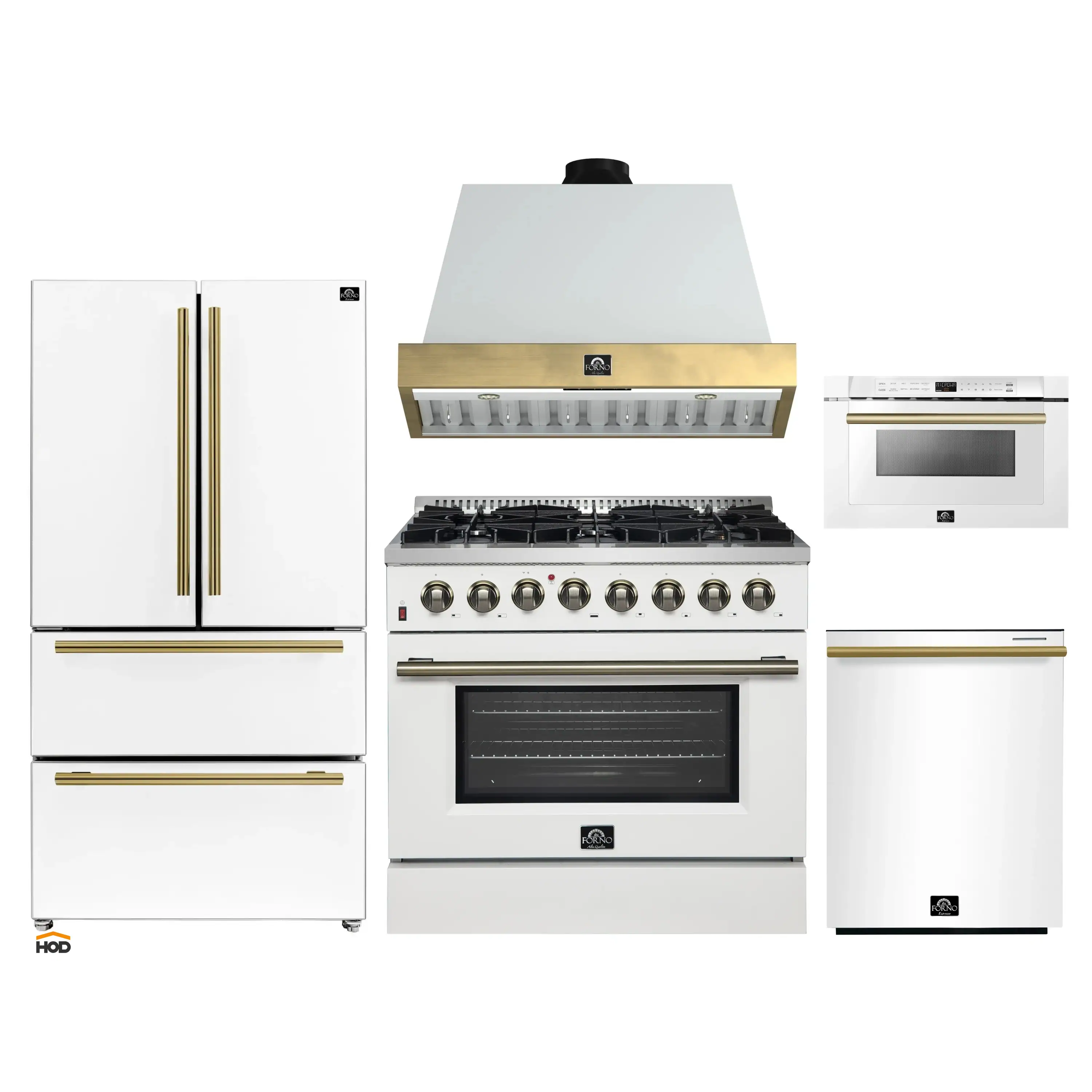Forno Galiano 5-Piece Appliance Package - 36-Inch Dual Fuel Range, 36-Inch Hood, 36-Inch Refrigerator, 24-Inch Dishwasher, & 24-Inch Microwave Drawer in White with Antique Brass Trim