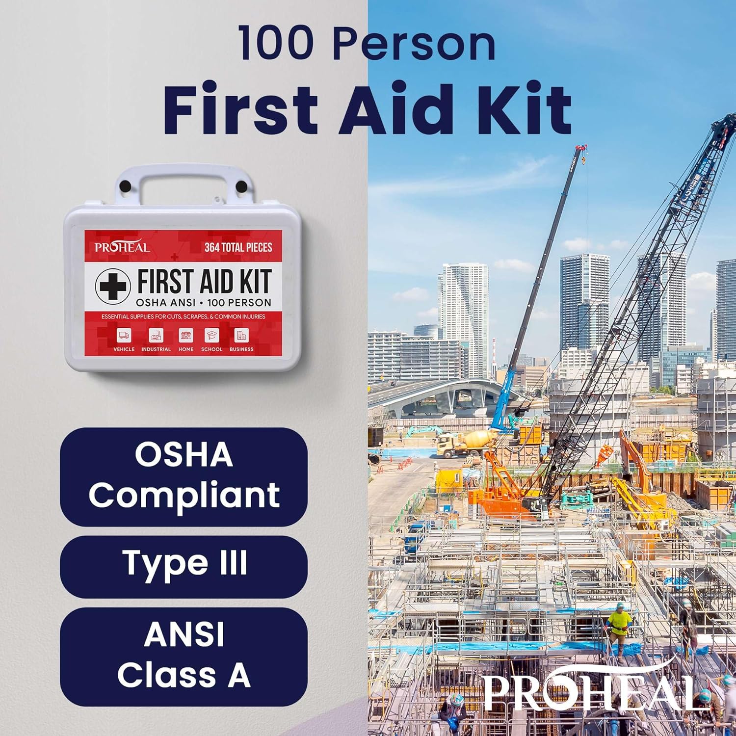 100 Person OSHA Compliant First Aid Kit for Businesses, Vehicles, Trucks, Construction Site - Type III, ANSI Class A Emergency Kit - 364 Piece Essential First Aid Supplies