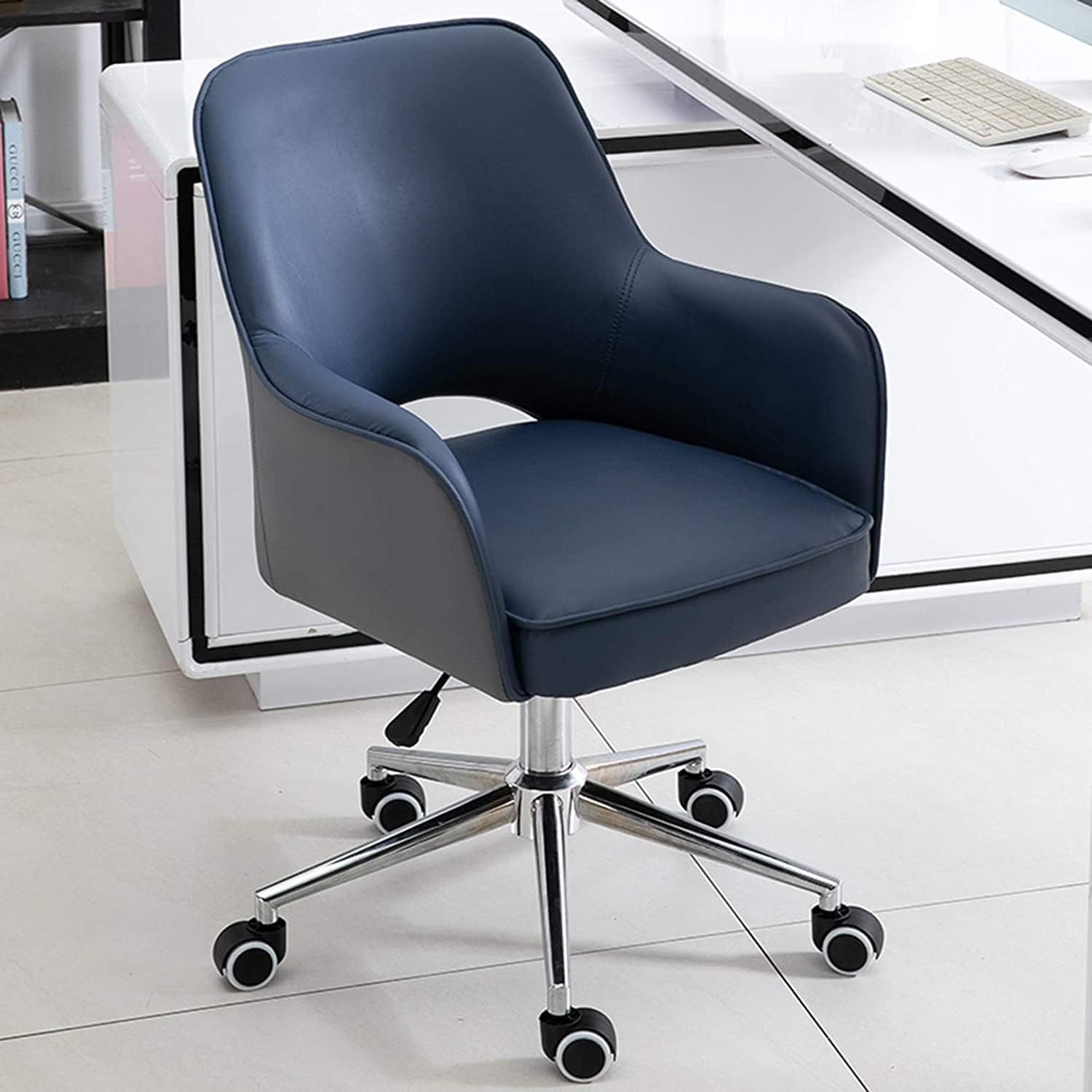 Mid Back Office Chair PU Leather Makeup Chair Ergonomic Lumbar Support Desk Chair with Armrest Adjustable Height Computer Chair (Blue-