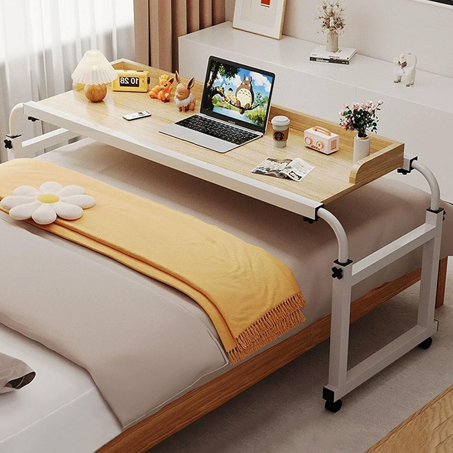 Overbed Table with 4 Wheels, Over Bed Desk Height Adjustable 65-95cm Rolling Medical Table Overbed Table Computer Workstation Overbed Table for Twin/Full/Queen/King Size Bed Frame