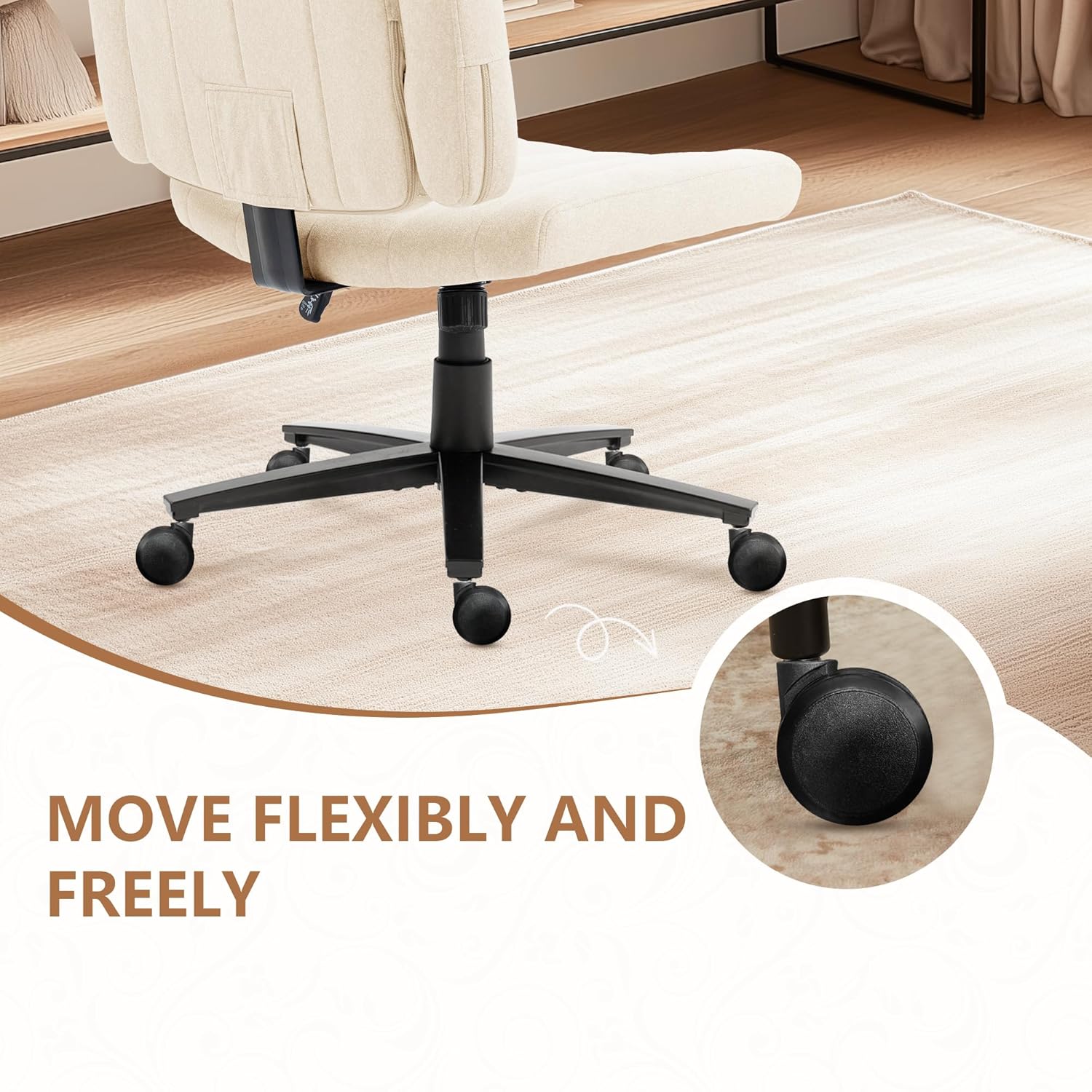 White Criss Cross Office Chair with Wheels, Ergonomic Wide Seat Vanity & Dressing Table Chair, Adjustable Arms Swivel Rolling Desk Chair for Women, Comfortable Cross-Legged Support