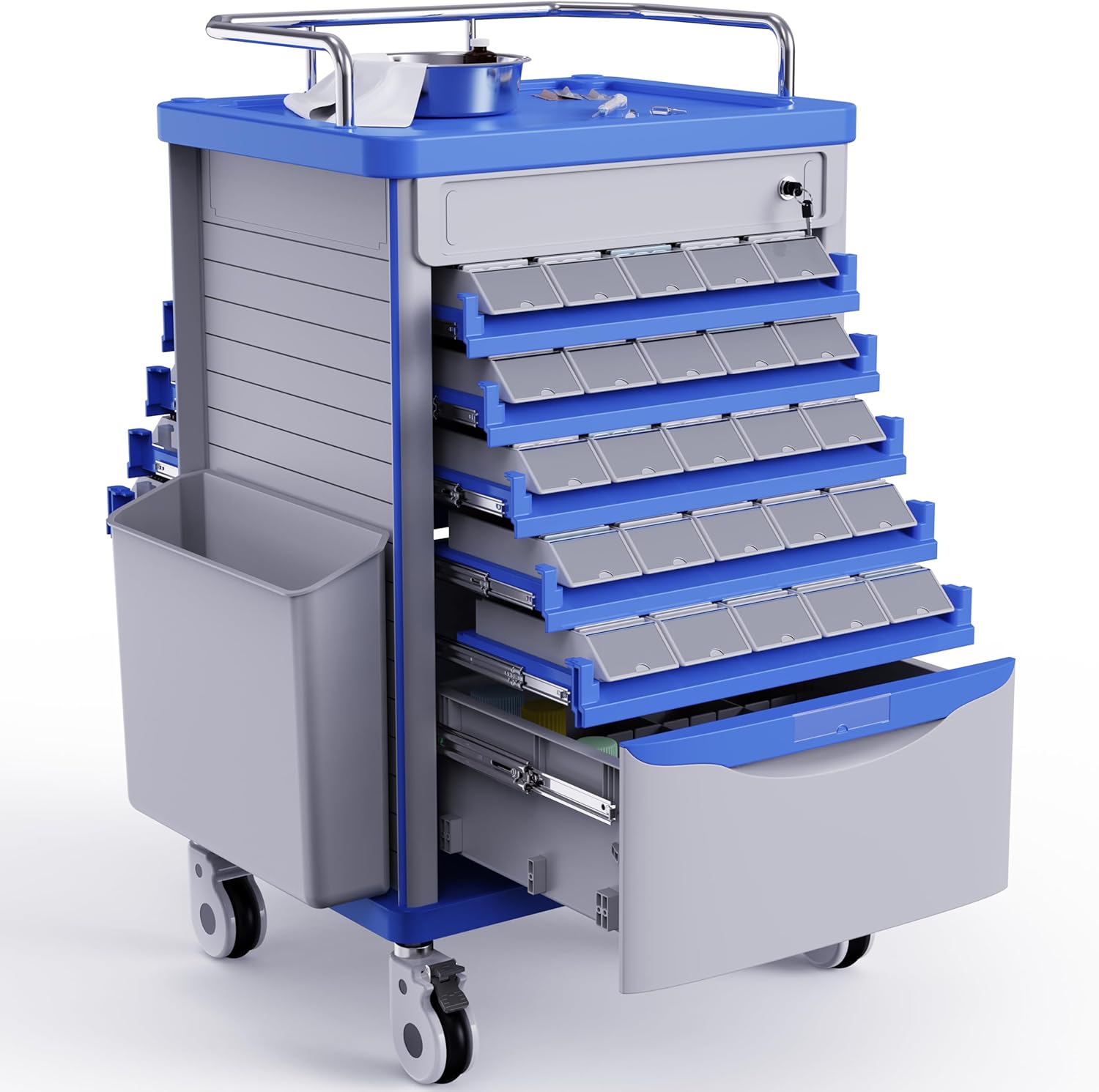 Medication Bins Cart with 200 Bins and Drawer - Dual-Sided Open, 50 Medicine Boxes, Silent Casters, Movable Container, 2 Trash Bin-Medical Crash Cart for Clinic, Hospital and Lab, Factory