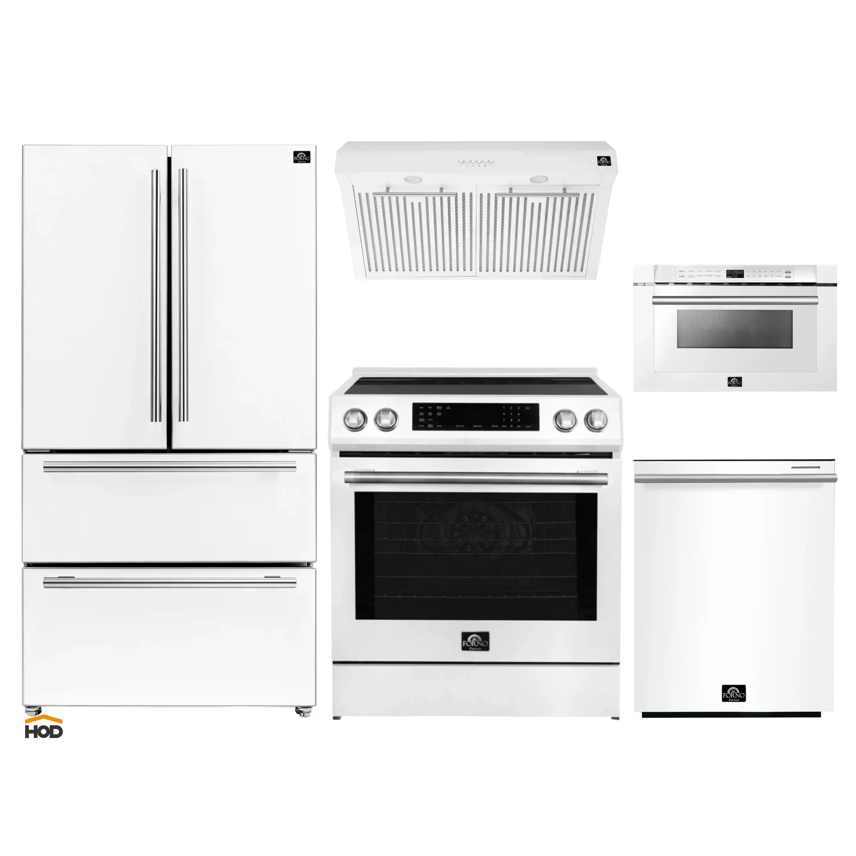 Forno 5-Piece Appliance Package - 30-Inch Induction Range, Under Cabinet Range Hood, Refrigerator, Dishwasher, and  Microwave Drawer in White with Stainless Steel Trim