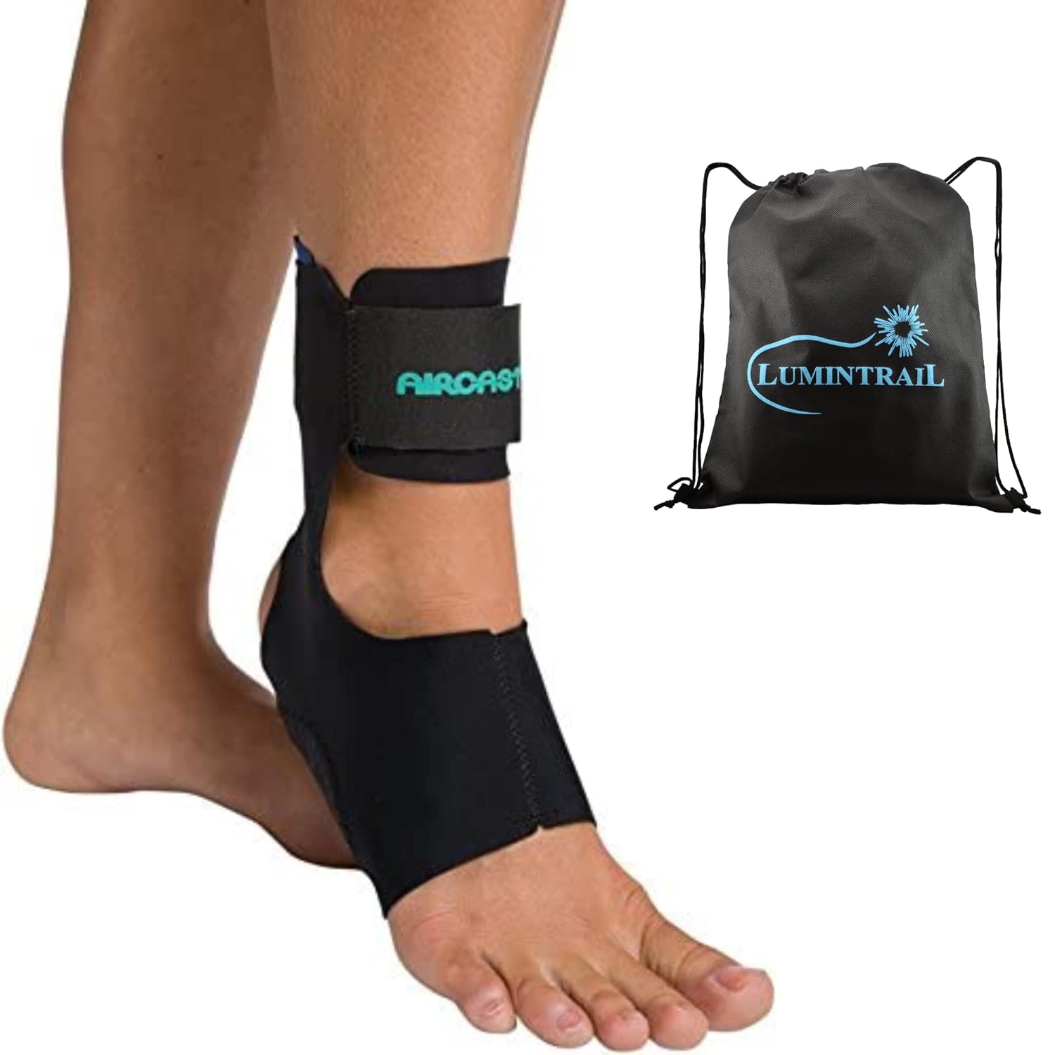 Air Cast Airheel Ankle Brace for Ankle Support, Fits Left & Right Foot, Support Brace for Achilles Tendonitis and Plantar Fasciitis, with 2 Removable Stabilizer, Medium, with a Lumintrail Drawstring Bag