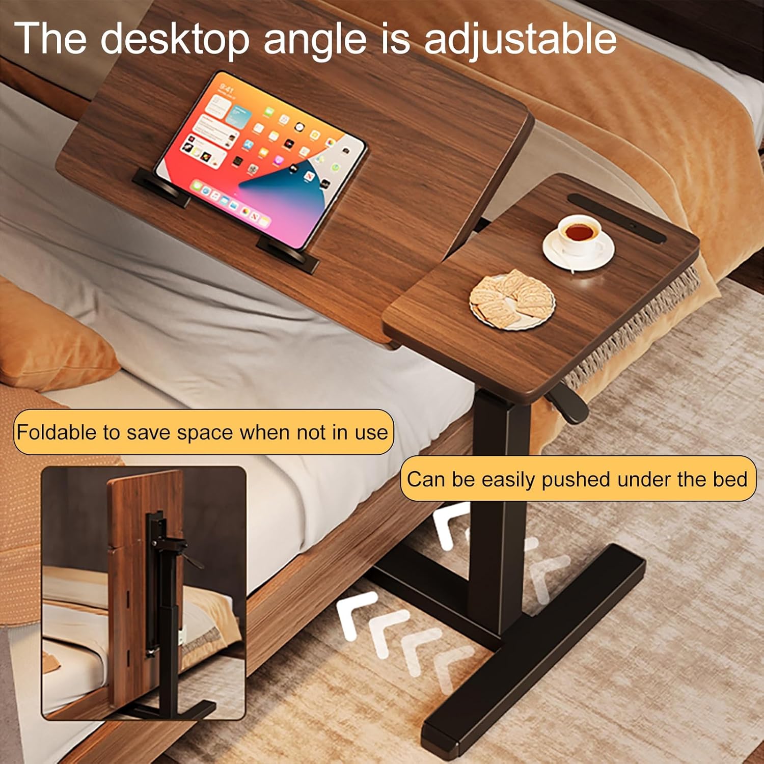 Overbed Bedside Table with Wheels, Tiltable Hospital Bed Table Over The Bed, Adjustable Hospital Laptop Desk with Split Dual Desktop & Pneumatic Gas Spring Lift(White)