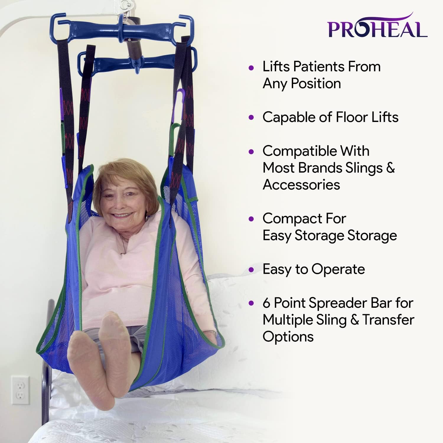 ProHeal Patient Lift - Safe and Easy Bariatric Full Body Patient Transfer Lifter for Home Use and Facilities - Floor, Low Bed and Chair Lifting, 600 LBS Weight Capacity, 6 Point Spreader Bar