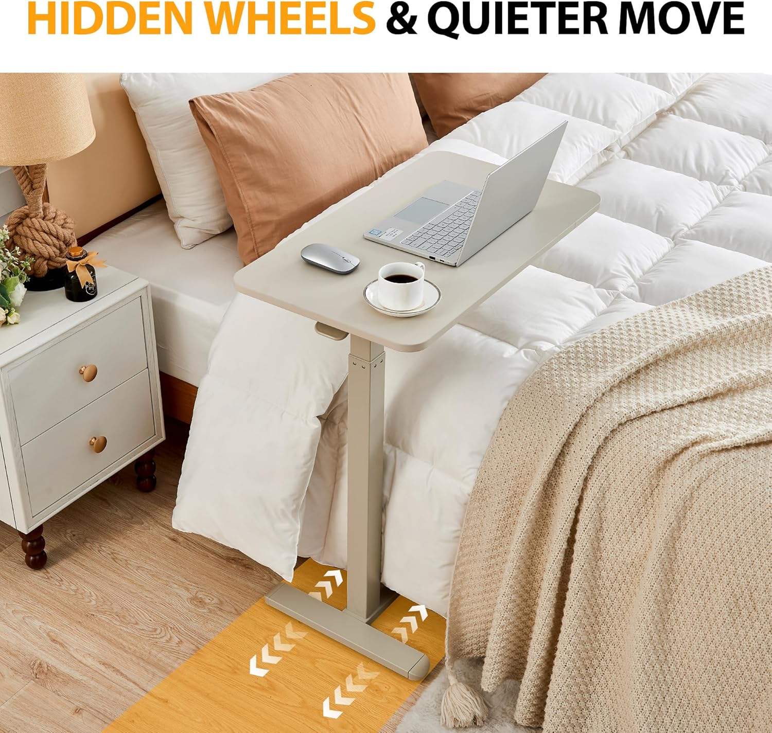 Overbed Table with Hidden Wheels, Height Adjustable Medical Bed Table Hospital Bedside Table, 28