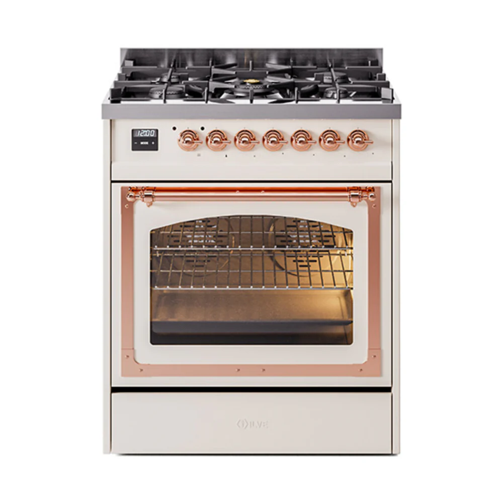 ILVE Nostalgie II Noblesse 30-Inch Dual Fuel Range with Triple Glass Door in Antique White with Copper Trim (UN30NMPAWP)