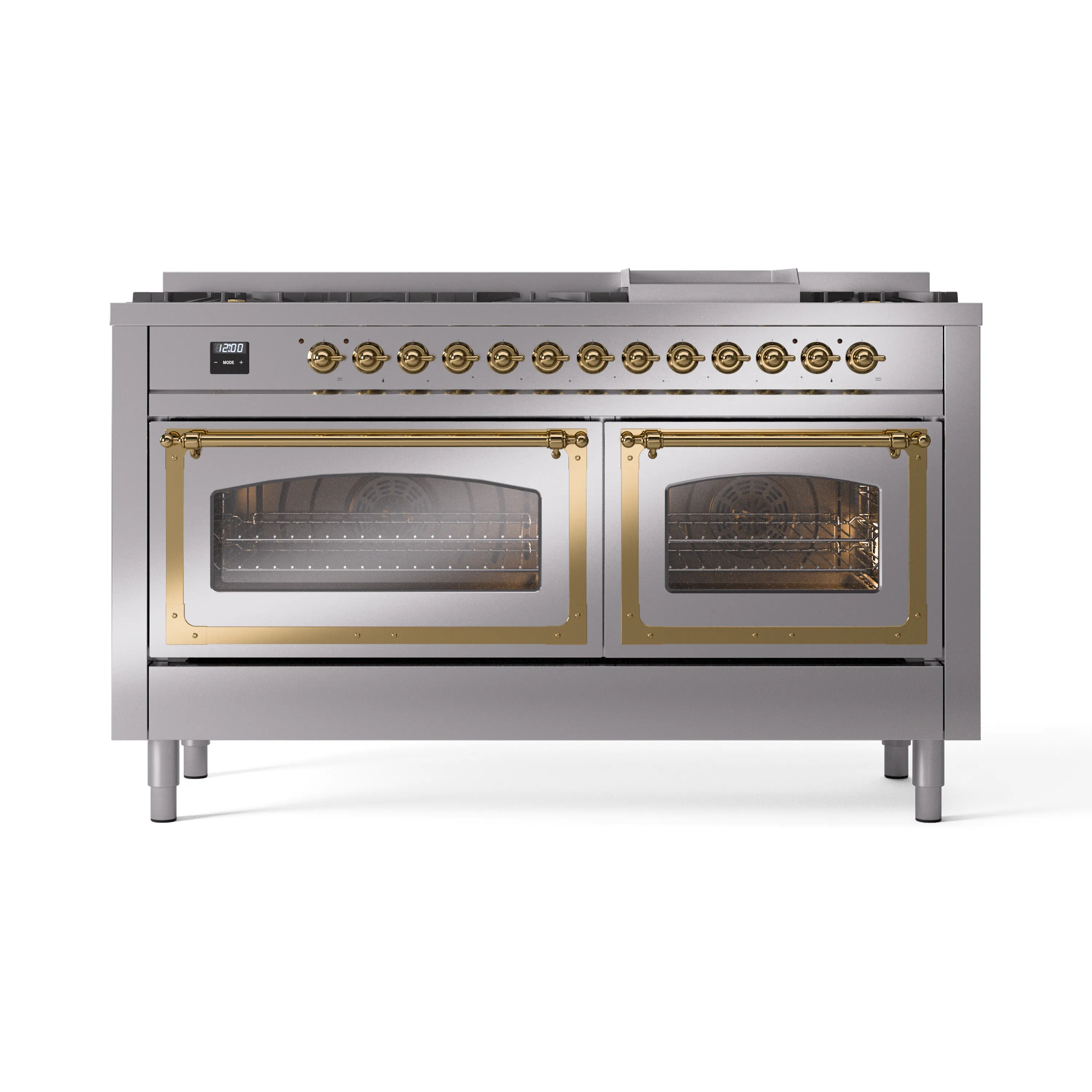 ILVE 60-Inch Nostalgie II Noblesse Dual Fuel Range with 9 Sealed Burners, Griddle, Triple Glass Door Oven in Stainless Steel with Brass Trim (UN60FNMPSSG)