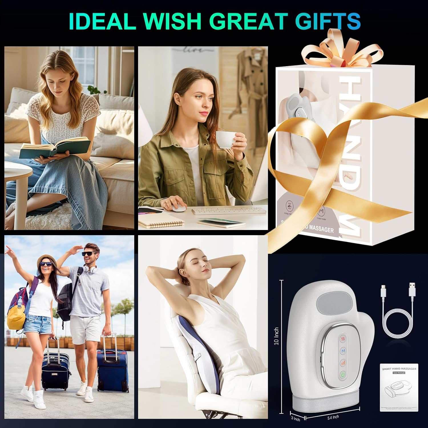 Professional Hand Massager with Heat Compression Therapy, 3 Massage 4 Temperatures 5 Compression Pain Relief Glove, Arthritis & Wrist Carpal Tunnel Neuropathy Circulation, Gifts for Women/Men