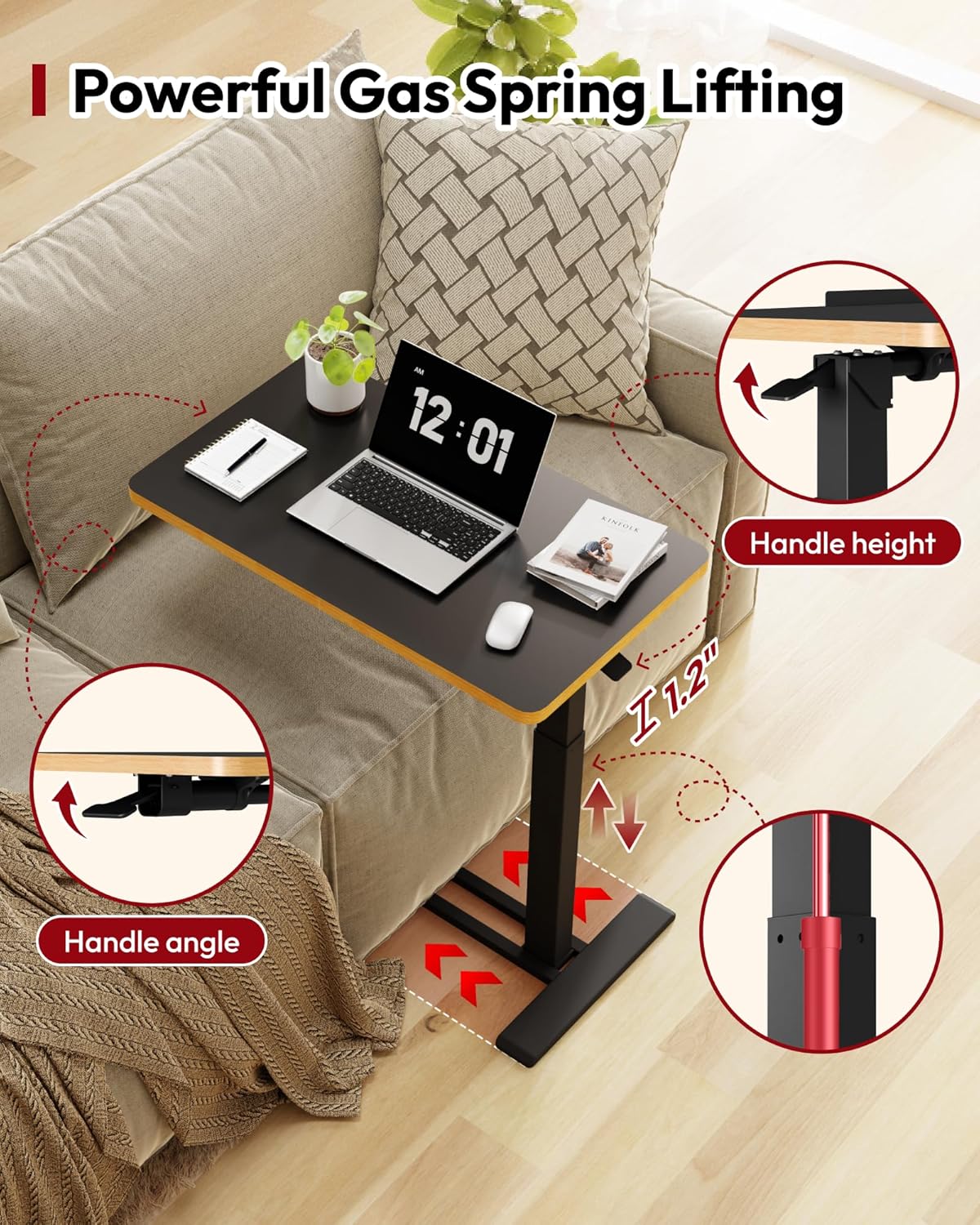 SANODESK Medical Adjustable Overbed Bedside Table with Casters 90° Tilt Top Pneumatic Mobile Rolling Laptop Computer Standing Desk Cart with Tray, Hospital and Home Use(27.6