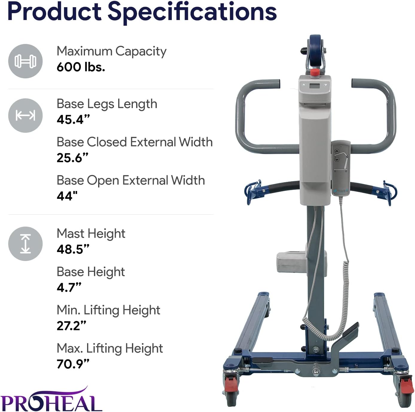 ProHeal Patient Lift - Safe and Easy Bariatric Full Body Patient Transfer Lifter for Home Use and Facilities - Floor, Low Bed and Chair Lifting, 600 LBS Weight Capacity, 6 Point Spreader Bar