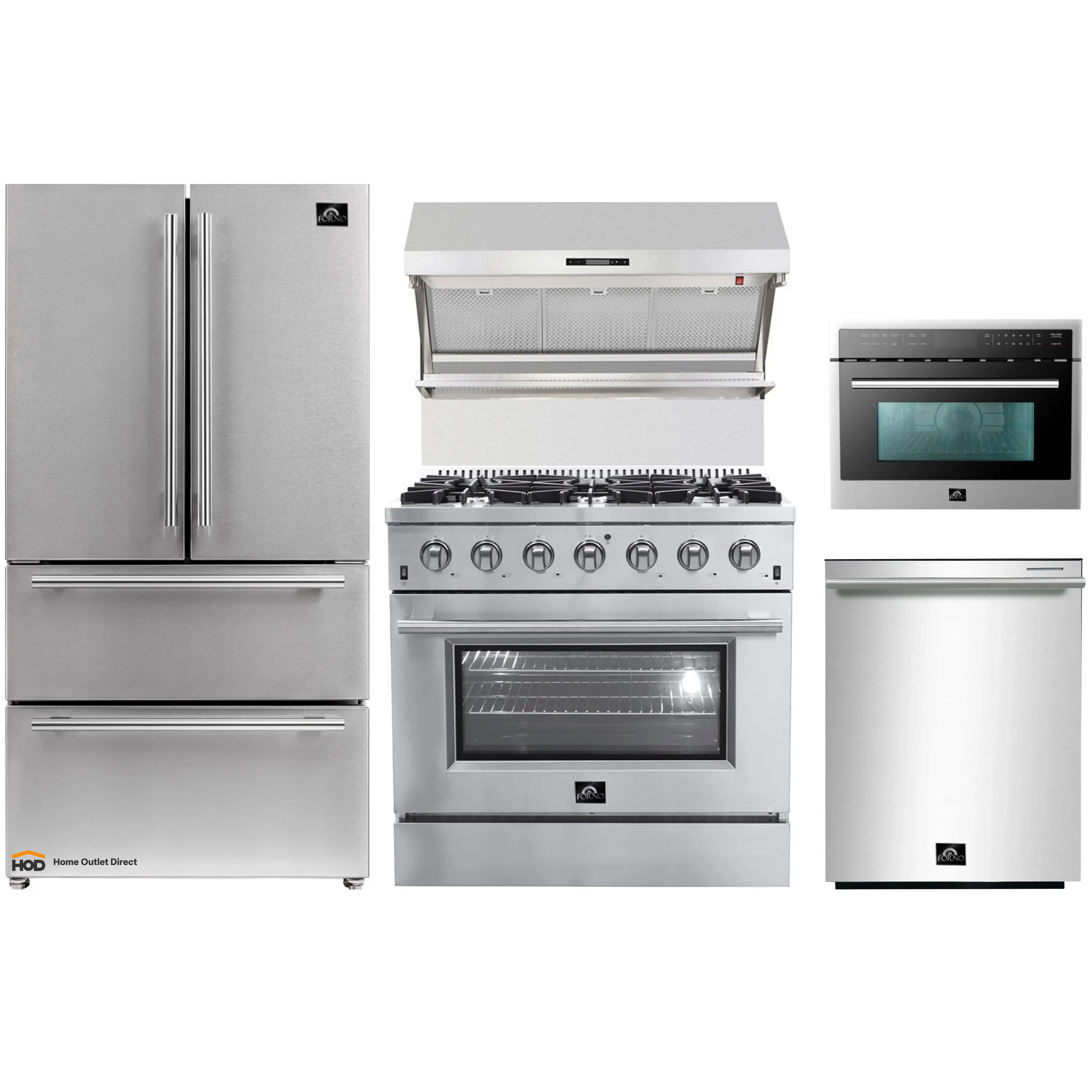 Forno 5-Piece Appliance Package - 36-Inch Gas Range, Refrigerator, Wall Mount Hood with Backsplash, 24-Inch Microwave Oven, & 3-Rack Dishwasher in Stainless Steel
