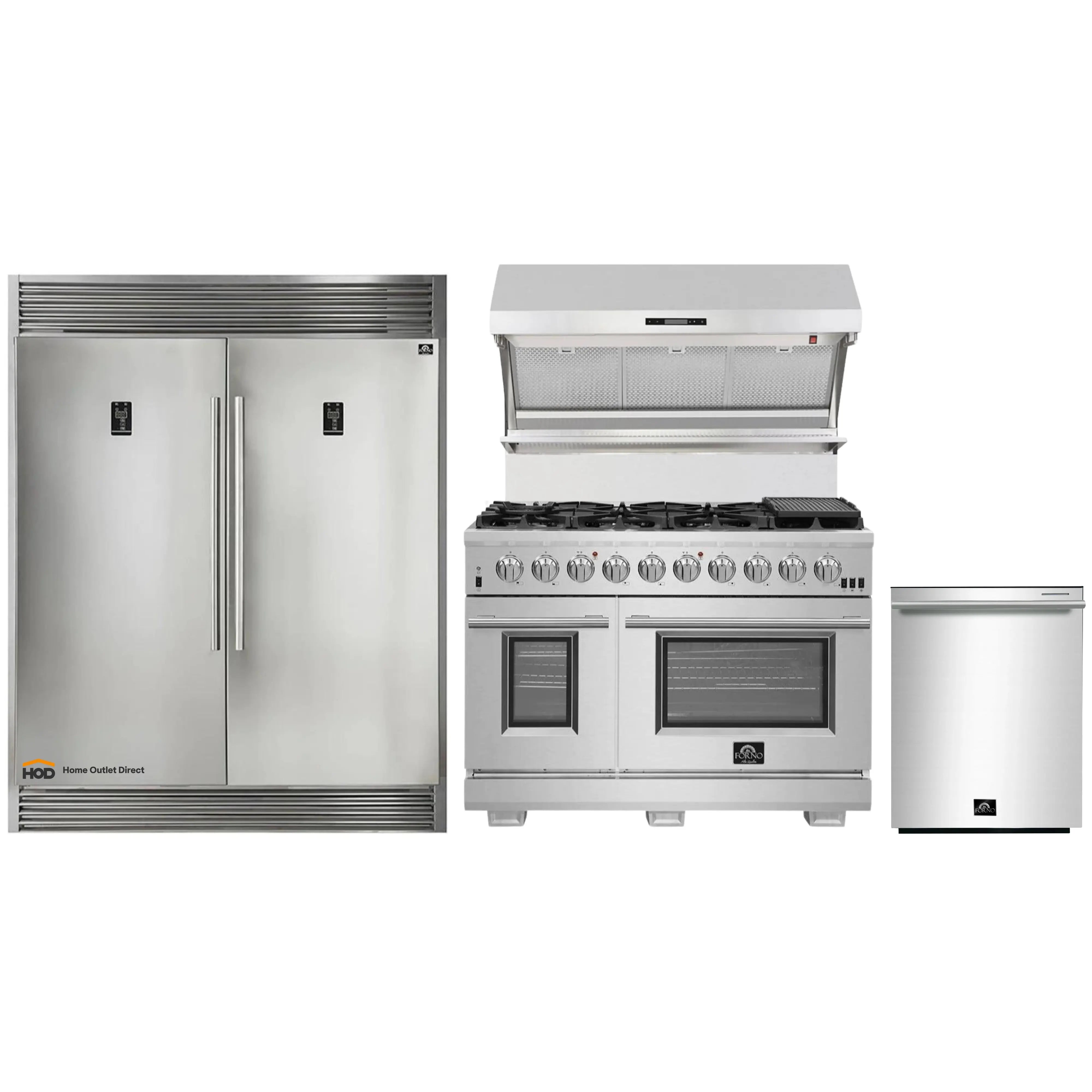 Forno 4-Piece Pro Appliance Package - 48-Inch Gas Range, Premium Hood, 60-Inch Pro-Style Refrigerator, and Dishwasher in Stainless Steel