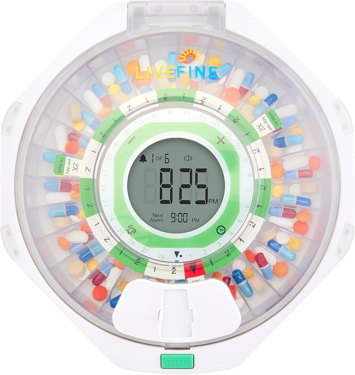 Live Fine 28-Day Automatic Pill Dispenser Clear Lid with Upgraded LCD Display and Key Lock, Sound & Light for Prescriptions, Medication, Vitamins, Supplements & More