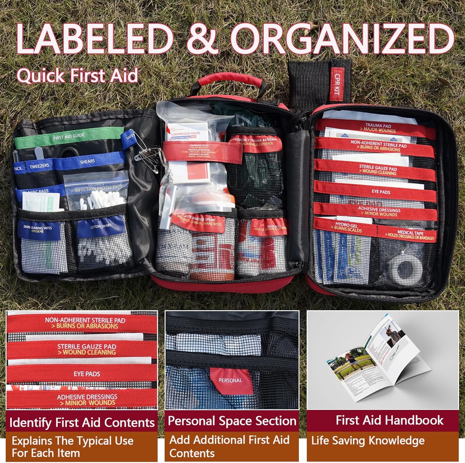 Upgrade - Comprehensive First Aid Kit with Labelled Compartments, Molle System Emergency Kits for Car,Home,Hiking, Backpacking, Camping, Traveling, and Cycling