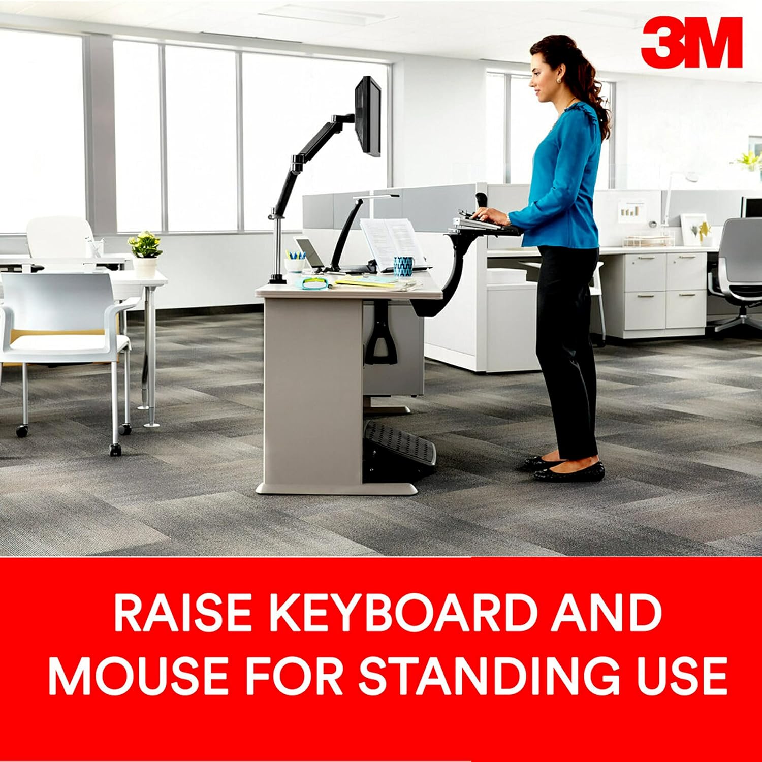 3M Sit/Stand Easy Adjust Keyboard Tray, 25.5 in. x 12 in. Wood Platform, 23 in. Track, Black, Wrist Rest and Mouse Pad