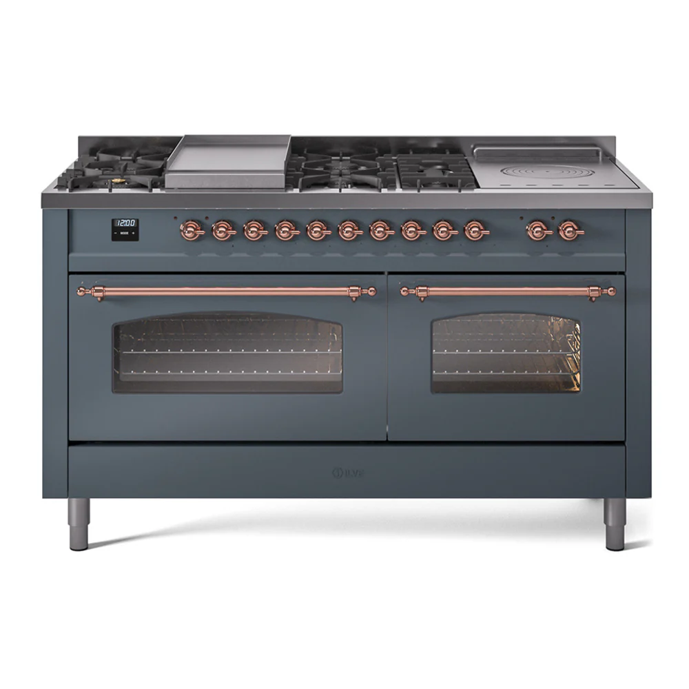 ILVE Nostalgie II 60-Inch Dual Fuel Range with 7 Burners, Griddle, & French Top with Triple Glass Door Oven in Blue Grey with Copper Trim (UP60FSNMPBGP)