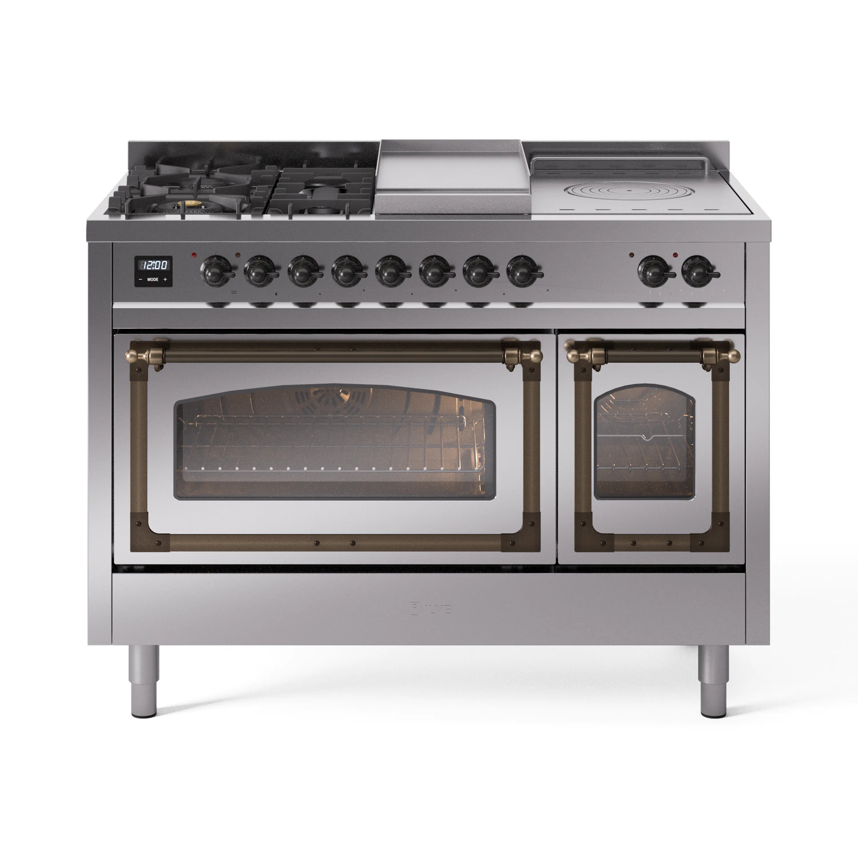 ILVE 48-Inch Nostalgie II Noblesse Dual Fuel Range with 5 Sealed Burners, Griddle, French Top and Triple Glass Door Oven in Stainless Steel with Bronze Trim (UN48FSNMPSSB)