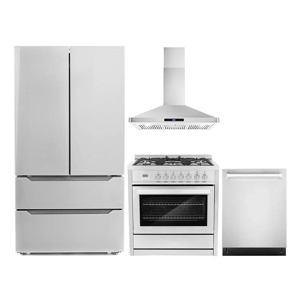 Cosmo 4-Piece Appliance Package - 36-Inch Dual Fuel Range, Wall Mount Range Hood, Dishwasher and Refrigerator in Stainless steel (COS-4PKG-073)